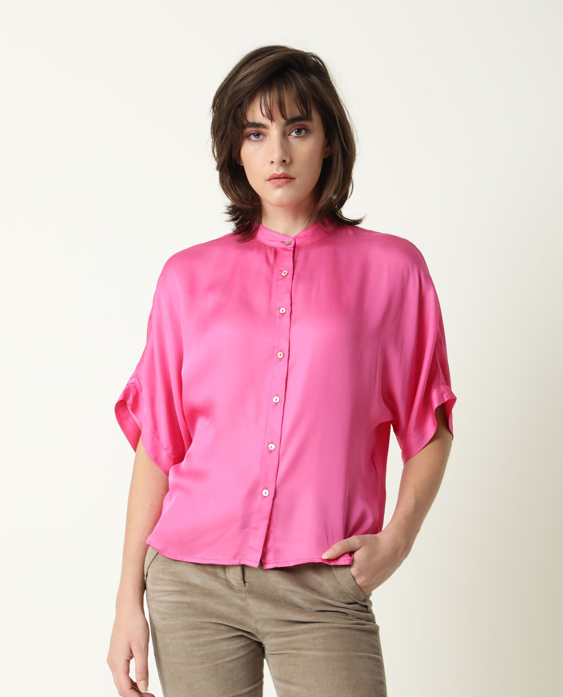 Rareism Womens Paige Pink Top Modal Satin Fabric Regular Fit Kimono Sleeve Mandarin Neck