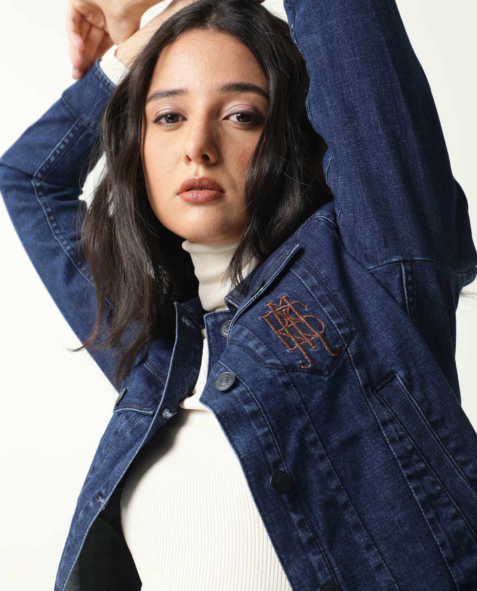 Rareism Women Misso Dark Blue Cotton Lycra Fabric Full Sleeves Solid Shirt Collar Jacket