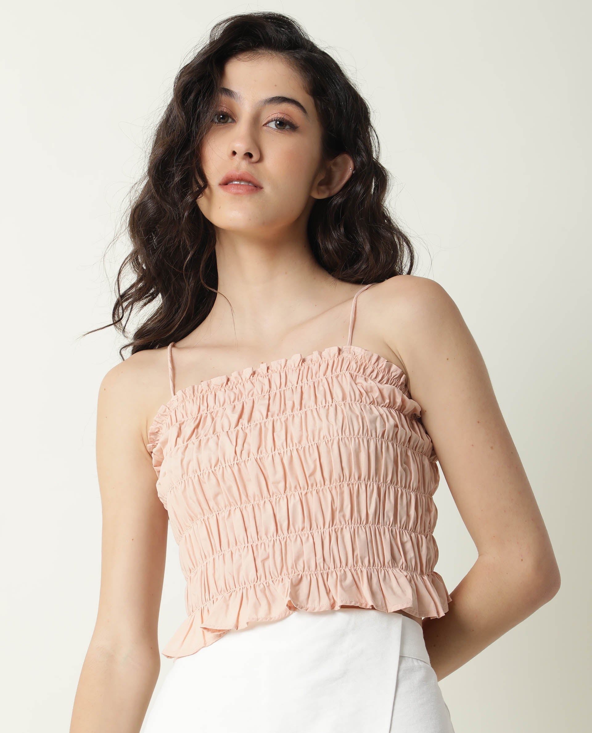 Rareism Womens Jaspersky Peach Top Cotton Fabric  Sleeveless Square Neck