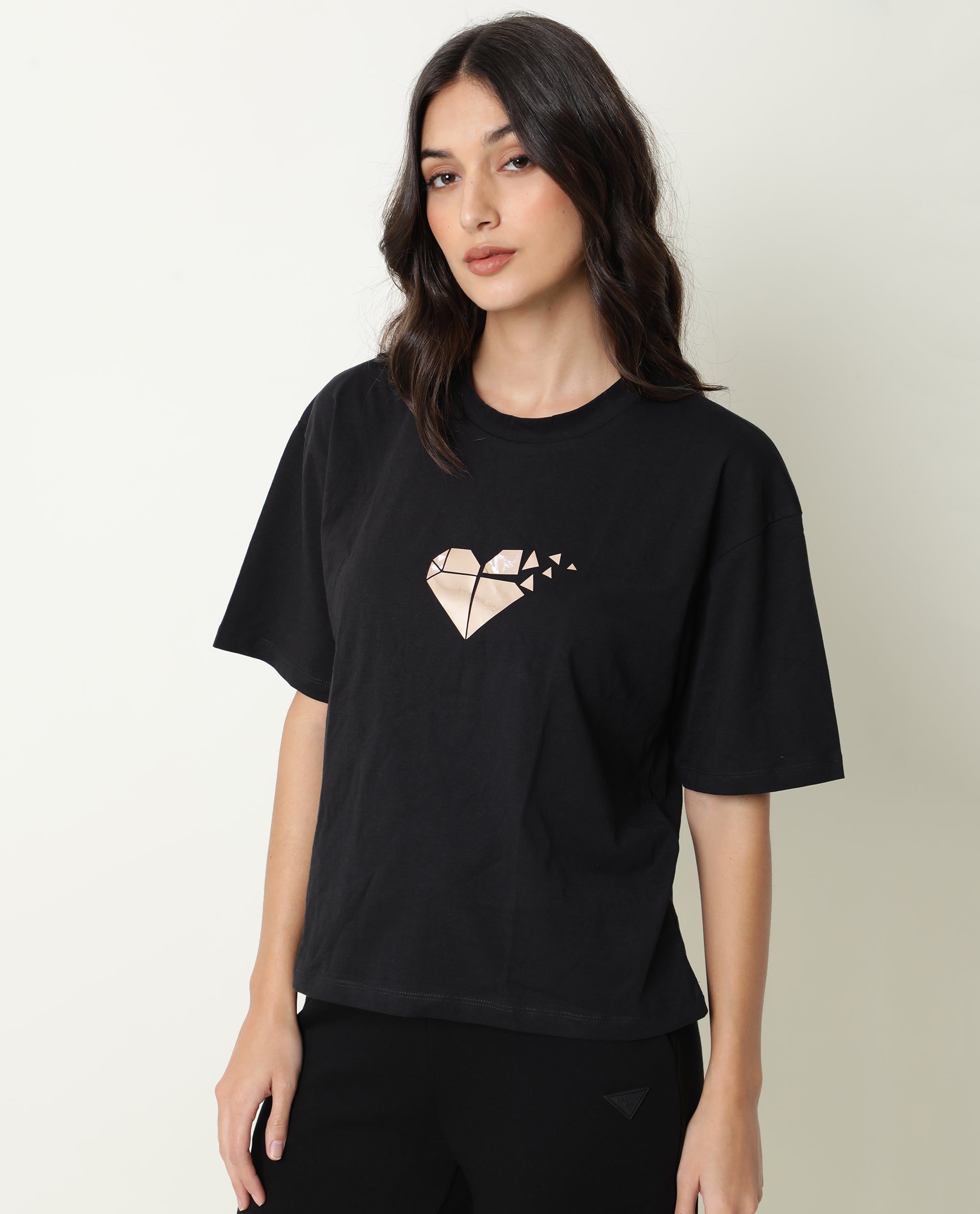 Rareism Womens Nat Black T-Shirt Cotton Fabric Regular Fit Half Sleeve Round Neck