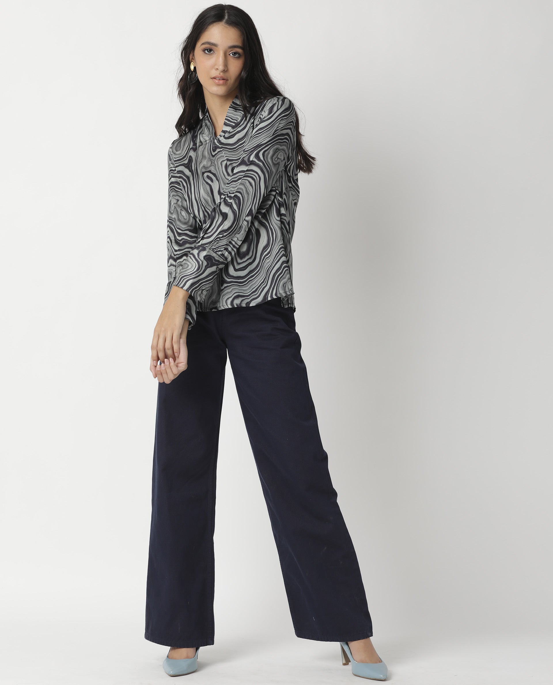 Rareism Womens Camp Black Top Modal Satin Fabric Regular Fit Cuffed Sleeve Mandarin Neck