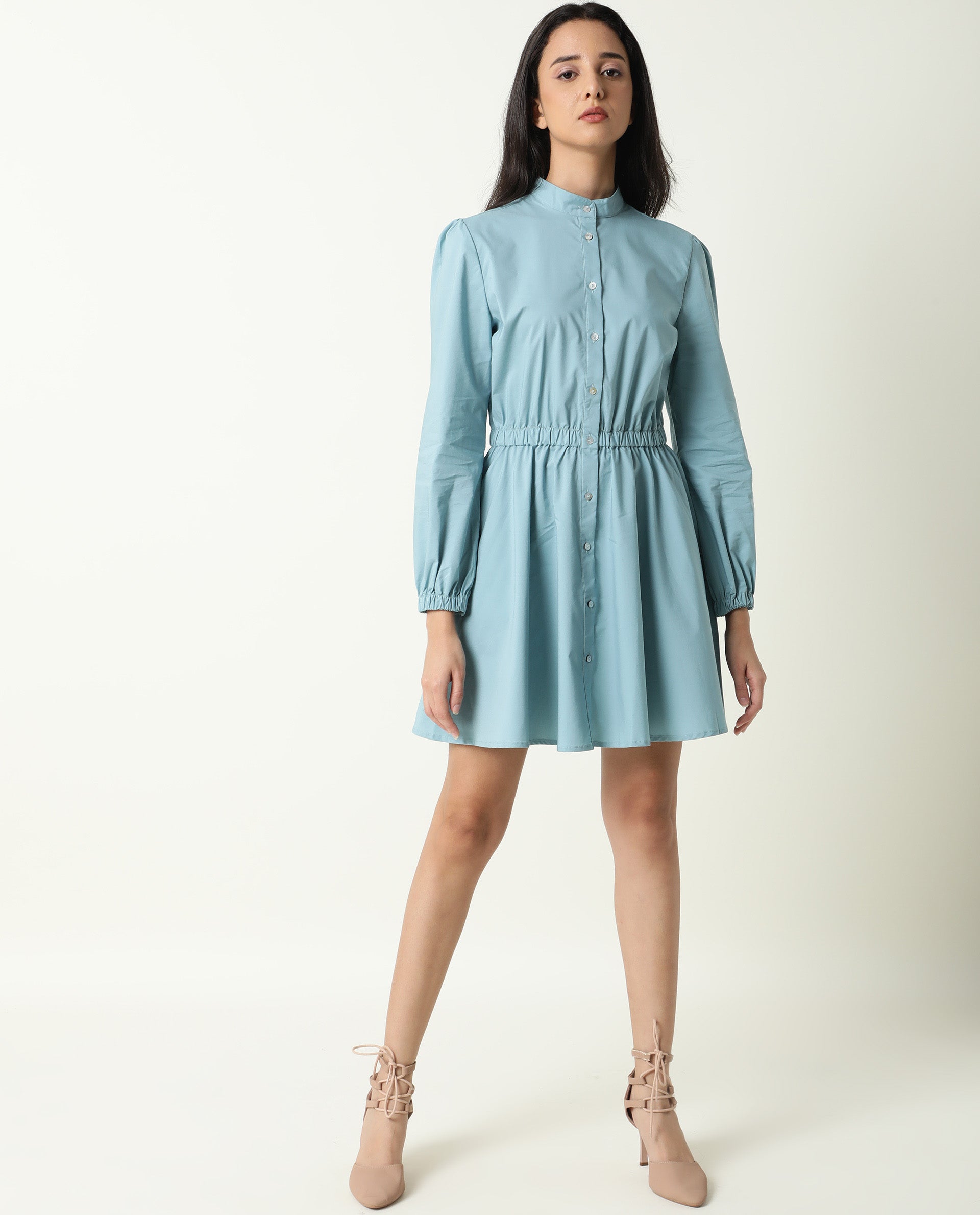 Rareism Women Darla Blue Mandarin Collar Full Front Button Closure Placket With Full Sleeves And Pocket Mini Dress