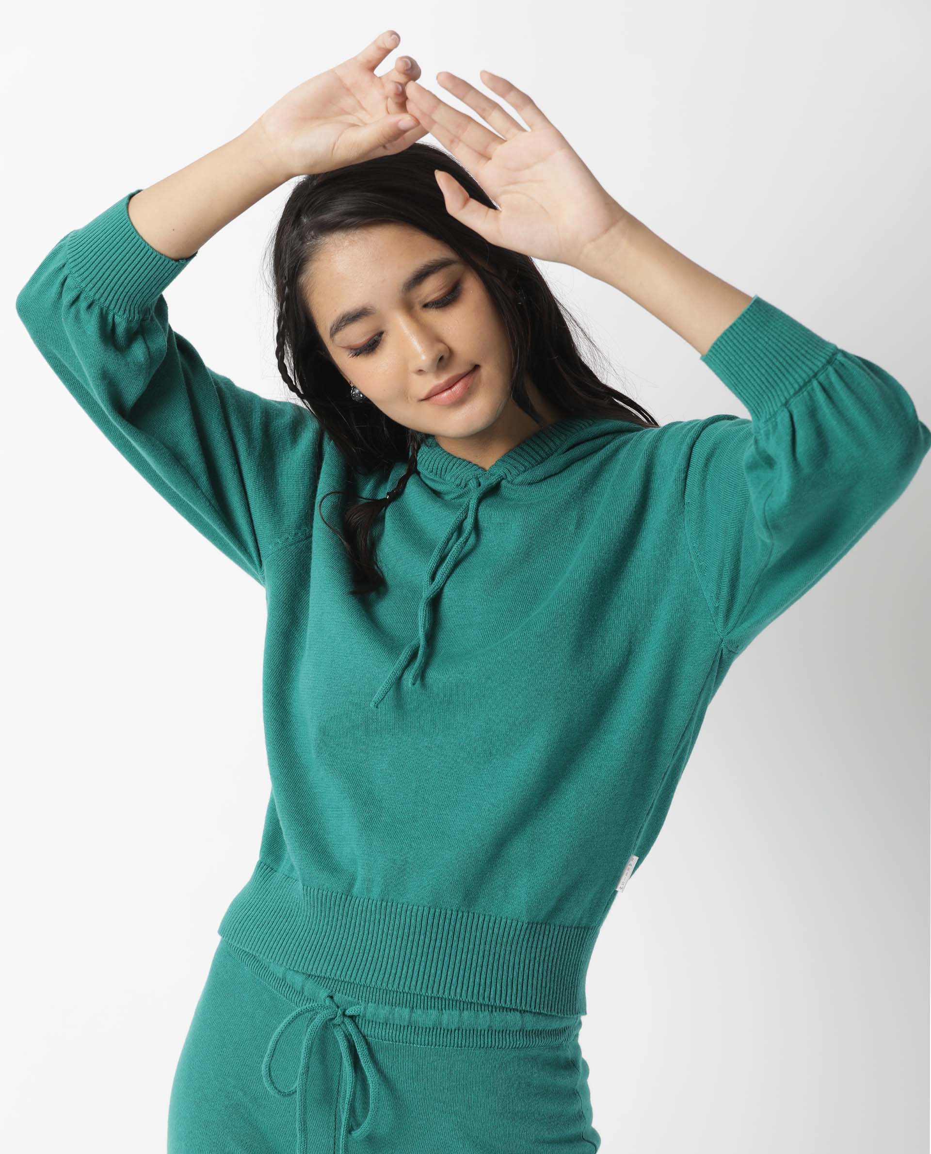 Rareism Women Finn Green Cotton Fabric Relaxed Fit Full Sleeves Solid Knee Length Hooded Track Suit