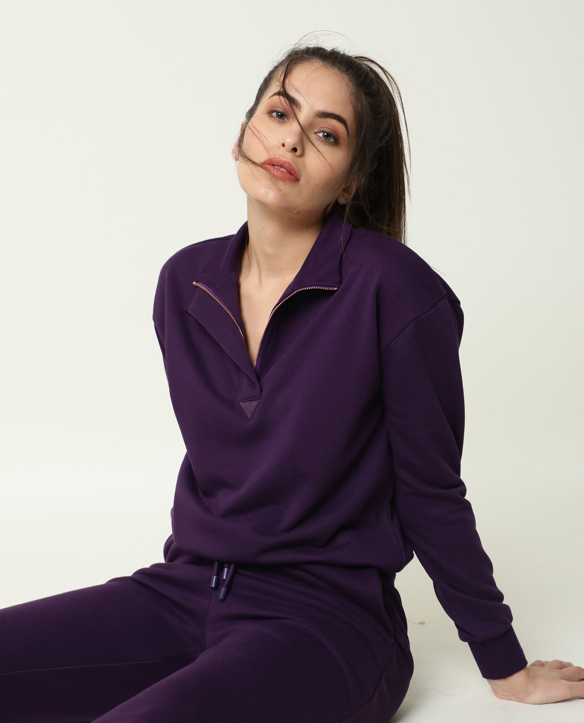 Rareism Women Aldrich Purple Poly Cotton Fabric Regular Fit Full Sleeves Solid High Neck Sweatshirt