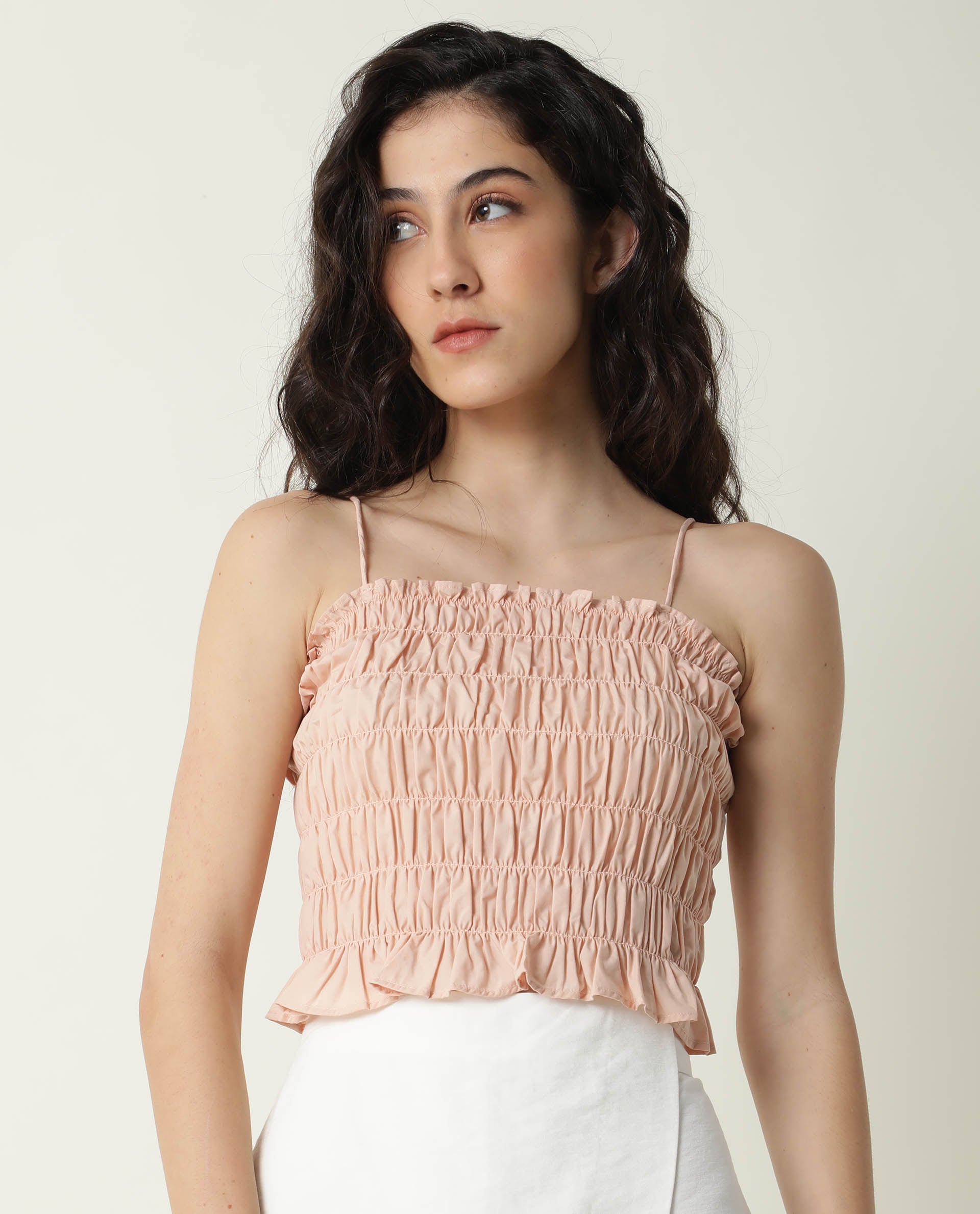 Rareism Womens Jaspersky Peach Top Cotton Fabric  Sleeveless Square Neck