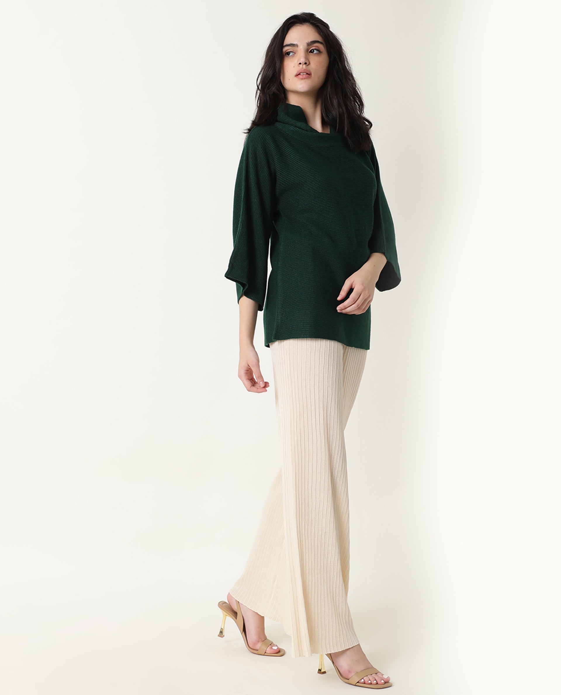 Rareism Women Sasho Green Acrylic Fabric 3/4Th Sleeves Relaxed Fit Solid Cowl Neck Sweater
