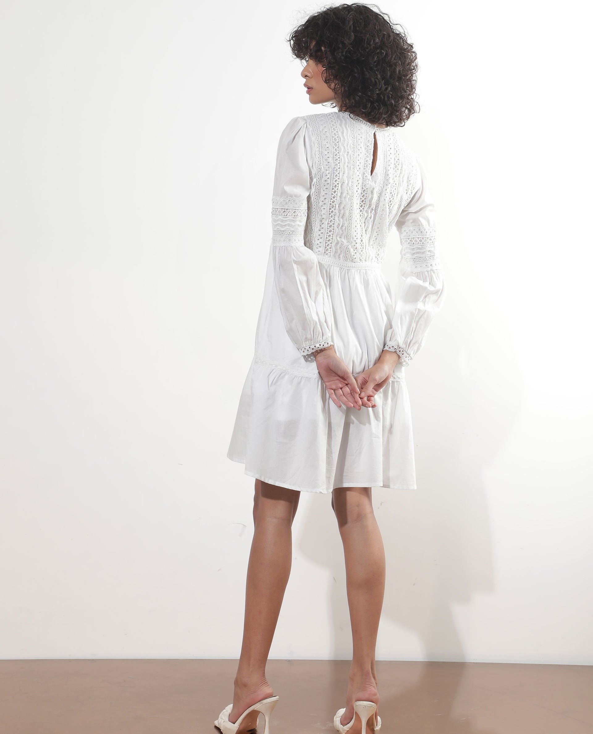 Rareism Women's Darmini White Cotton Crew Neck Plain Puff Sleeves Knee Length Relaxed Fit Dress
