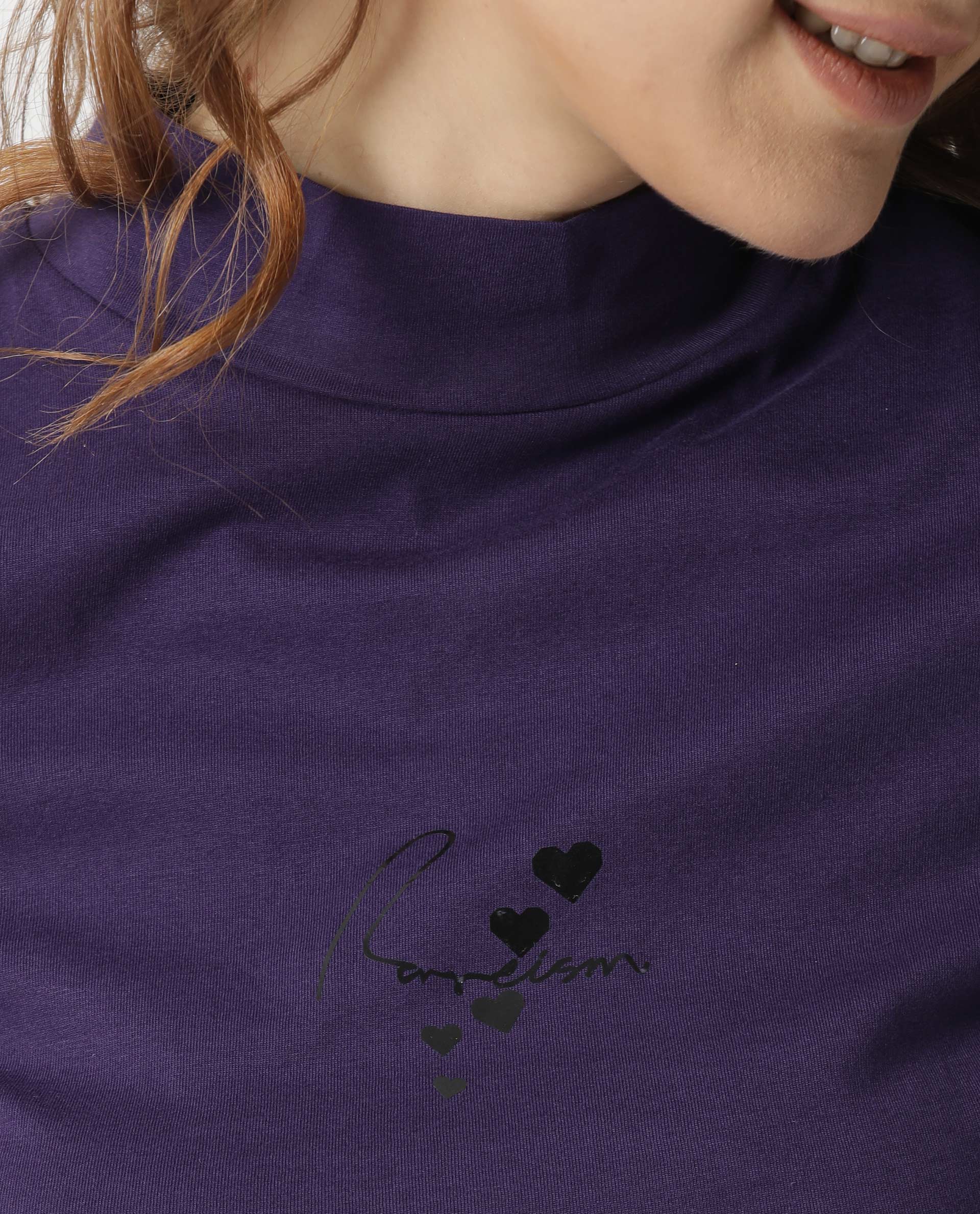 Rareism Women Hamock Purple Cotton Fabric Regular Fit Half Sleeves Solid Crew Neck T-Shirt