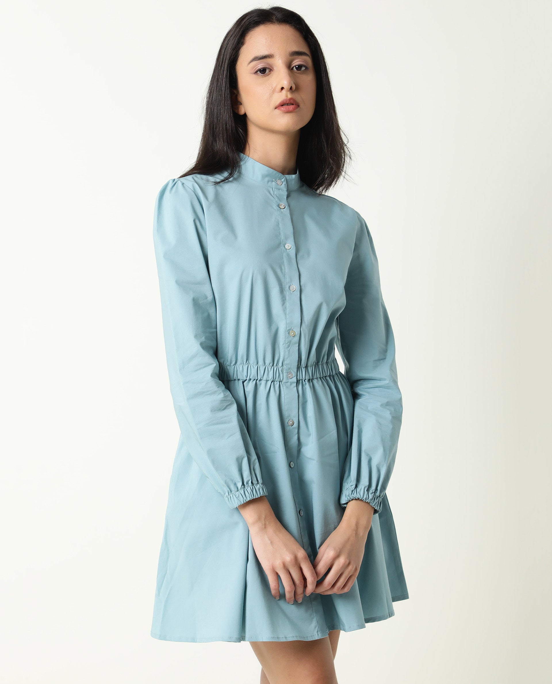 Rareism Women Darla Blue Mandarin Collar Full Front Button Closure Placket With Full Sleeves And Pocket Mini Dress