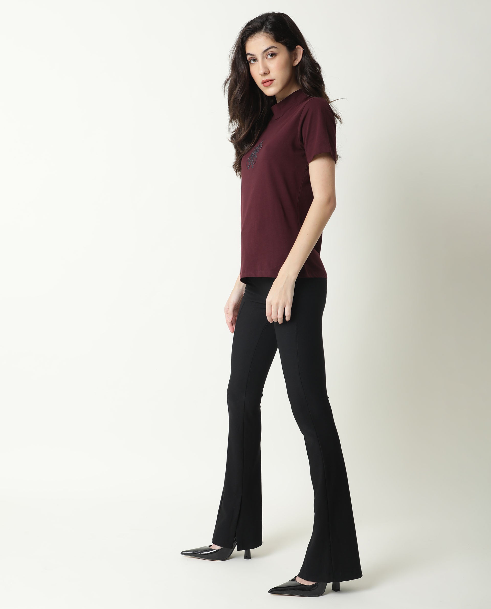 Rareism Women Zolten Maroon Cotton Fabric Regular Fit Half Sleeves Solid Crew Neck T-Shirt