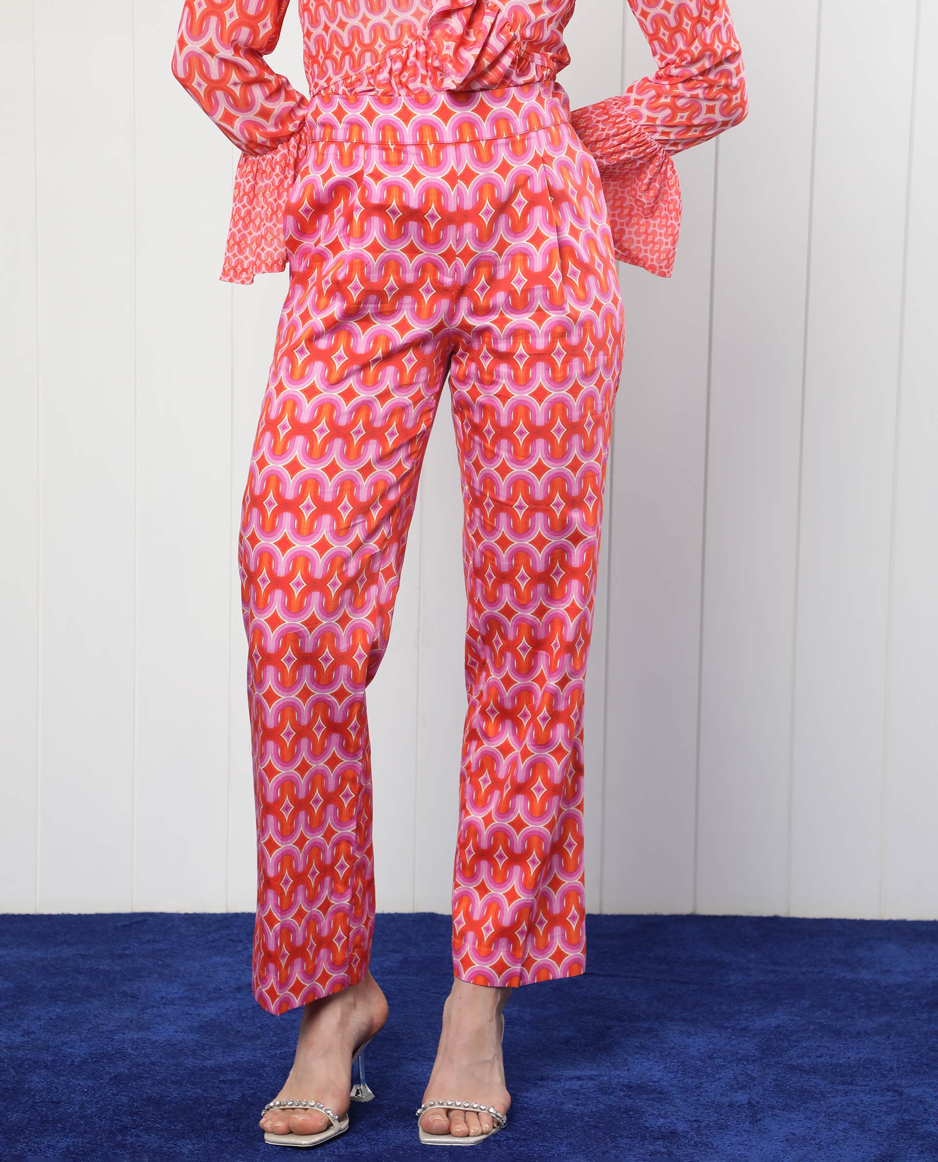 Rareism Women Cremon Orange Cotton Blend Fabric Regular Fit Geometric Print Ankle Length Trousers