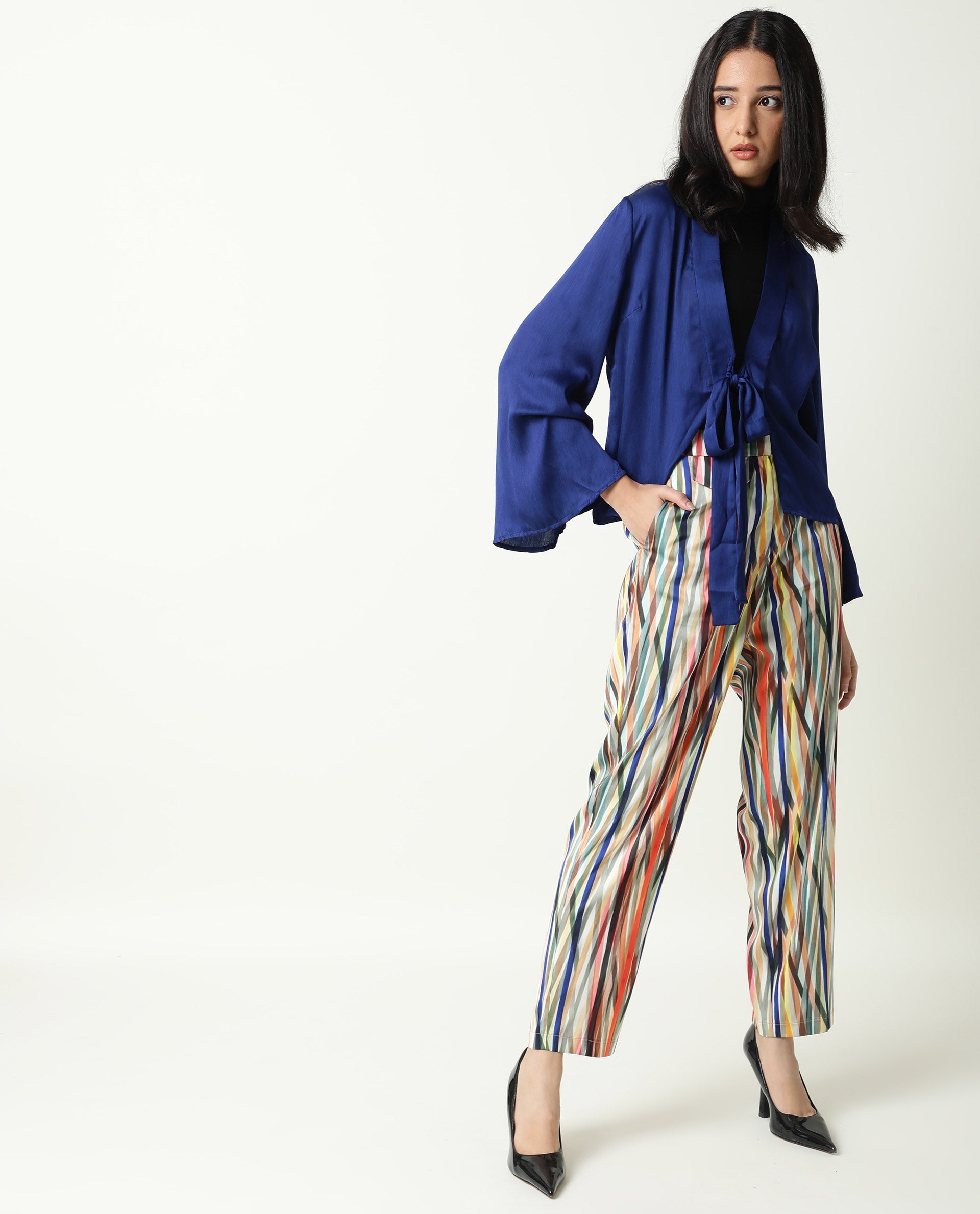 Rareism Women's Cuff Blue Polyester Shawl Neck Regular Fit Outer Wear
