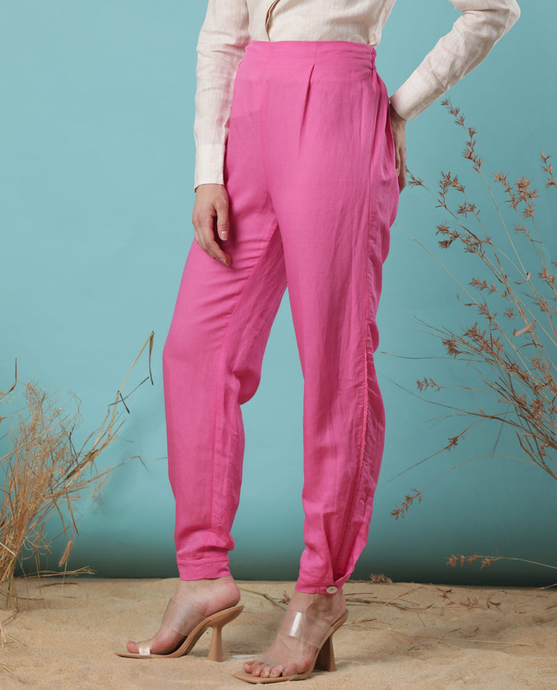 Rareism Women Erin Flouroscent Pink Modal Linen Fabric Tailored Fit Mid Rise Solid Ankle Length Trousers