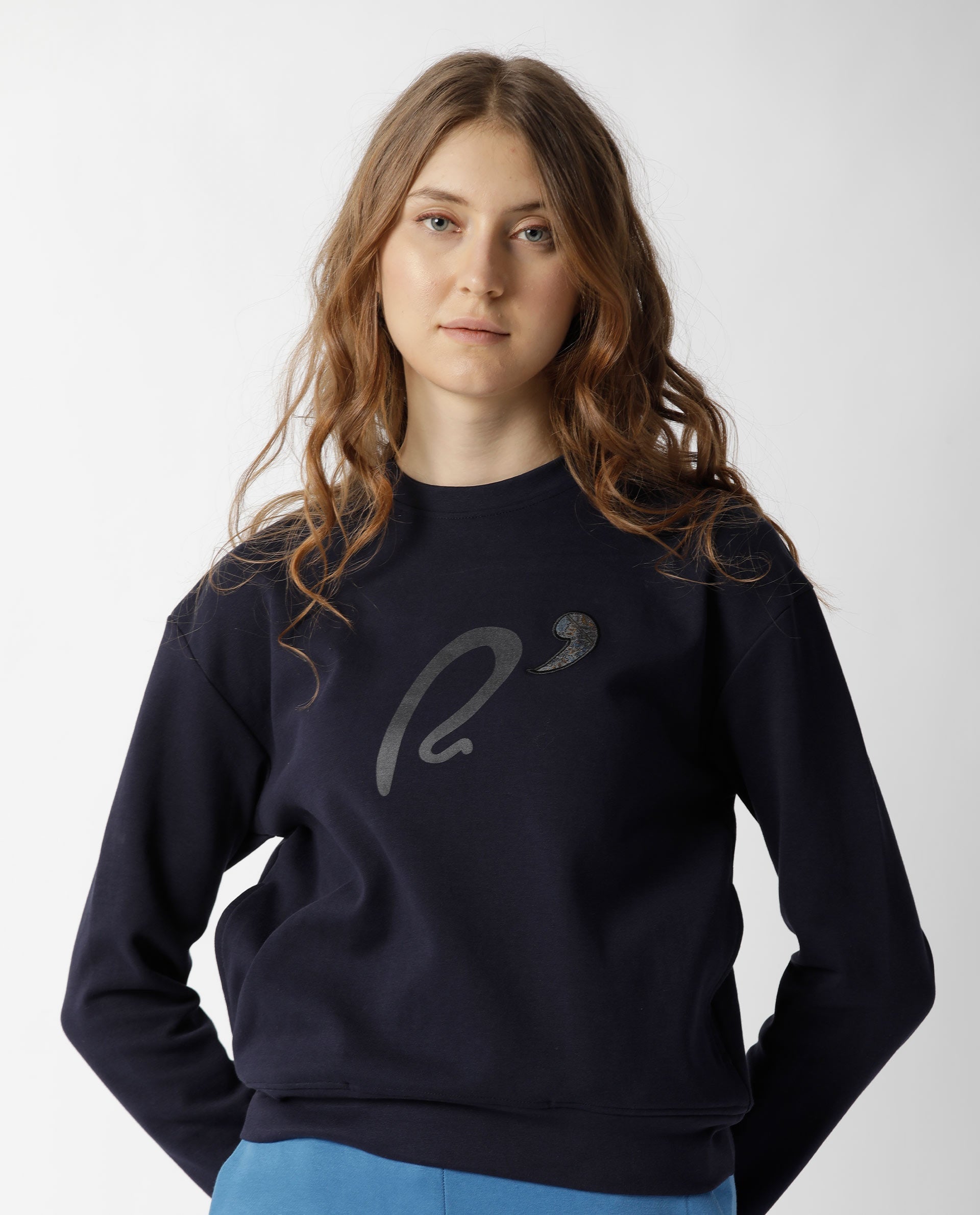 Rareism Women Slashy Navy  Relaxed Fit Full Sleeves Solid Crew Neck Sweatshirt