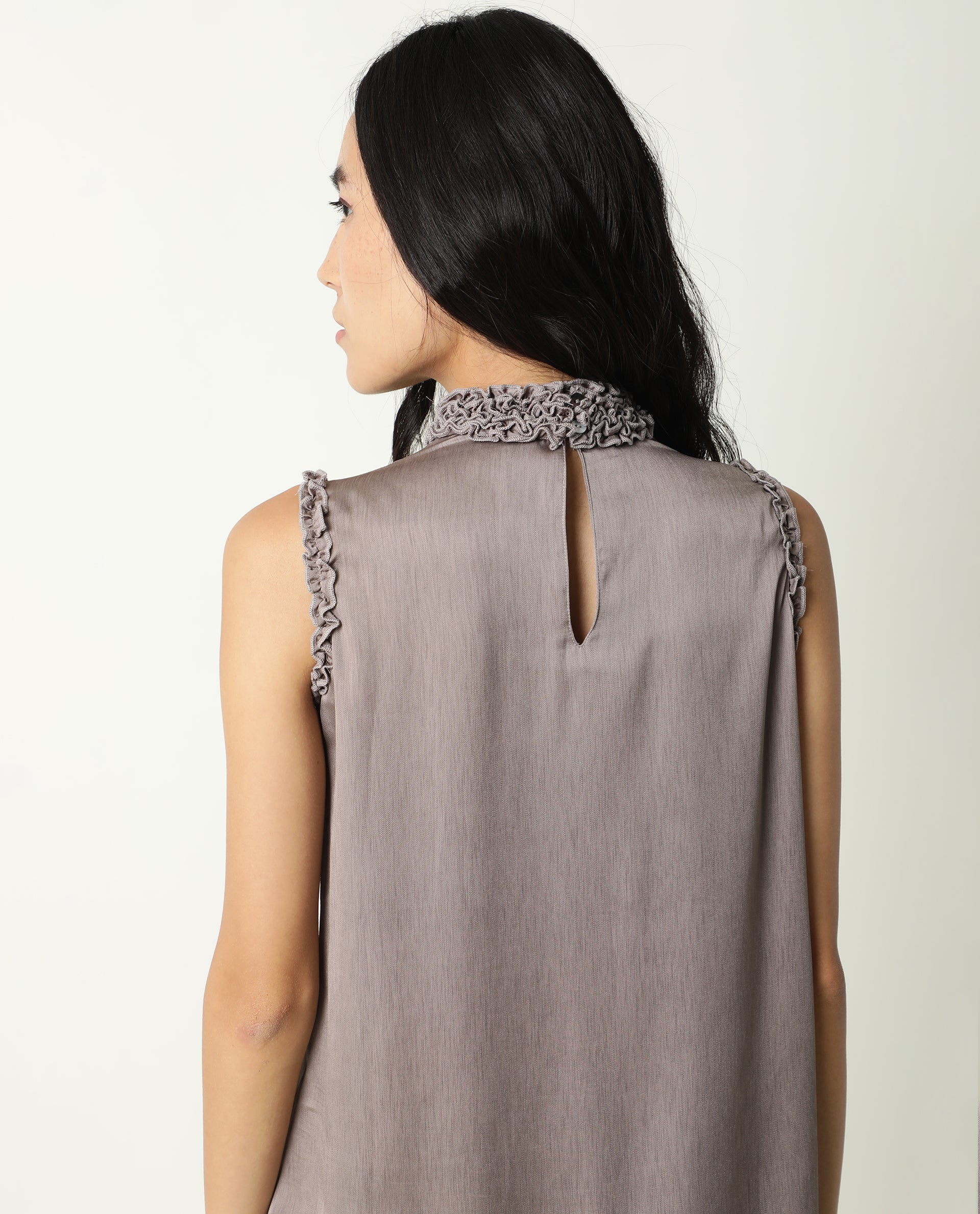 Rareism Womens Baileys Beige Top Polyester Fabric  Sleeveless Ruffled Neck