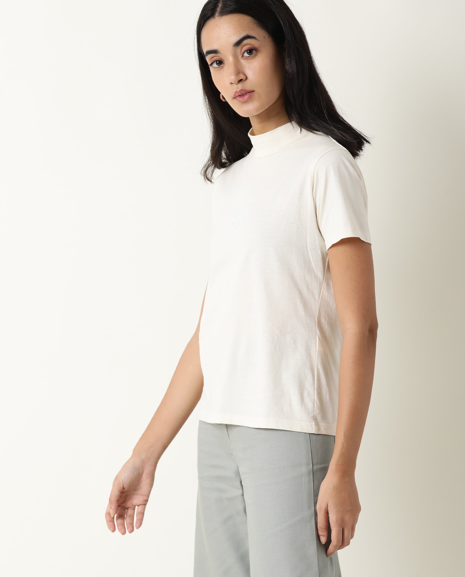 Rareism Women Hamock Off White Cotton Fabric Regular Fit Half Sleeves Solid Crew Neck T-Shirt
