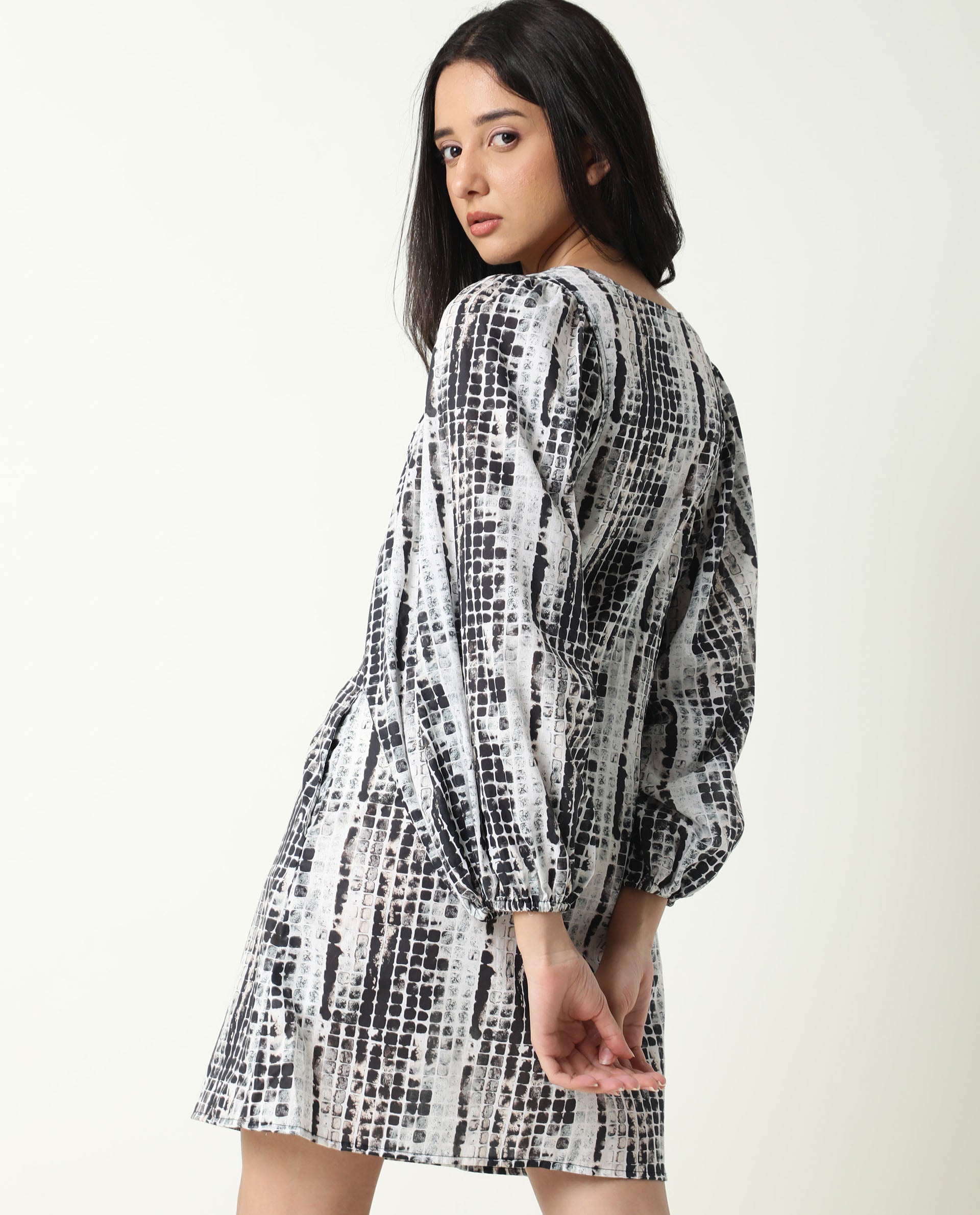 Rareism Women's Ragi Black Cotton Tie-Up Neck Abstract Print Volume Sleeve Mini Regular Fit Dress