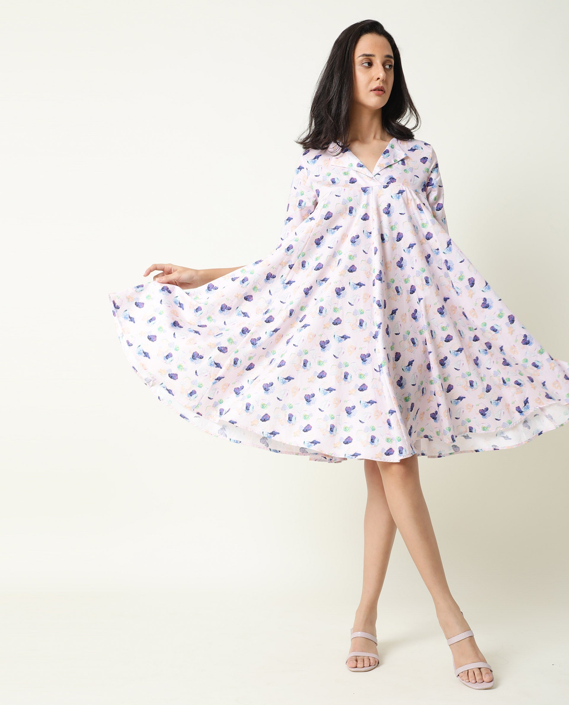 Rareism Women's Allia Pink Lapel Neck Floral Print Knee Length Regular Fit Dress