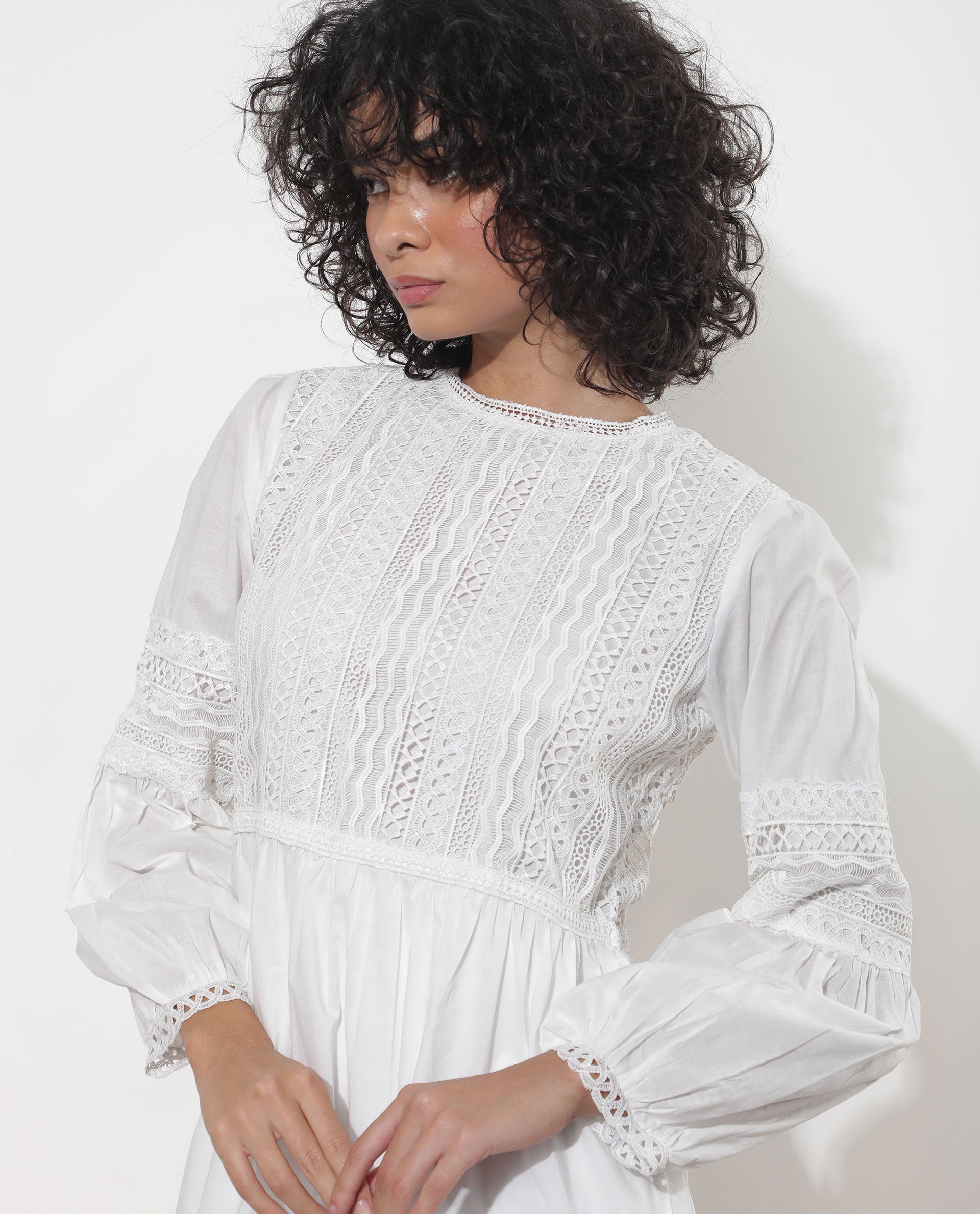 Rareism Women's Darmini White Cotton Crew Neck Plain Puff Sleeves Knee Length Relaxed Fit Dress