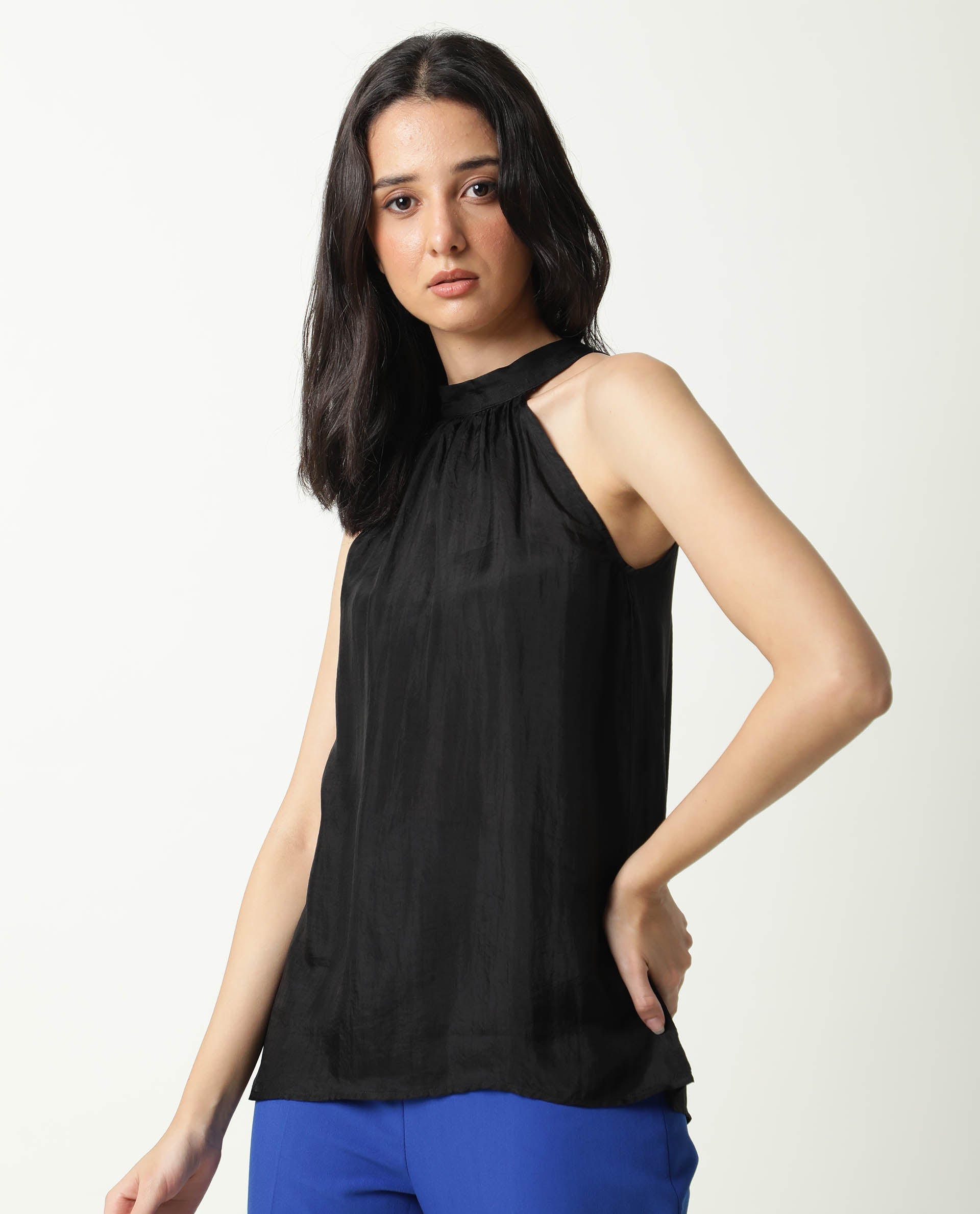 Rareism Women Sahano Black Poly Viscose Fabric Slim Fit Halter Neck Sleeveless Solid Top