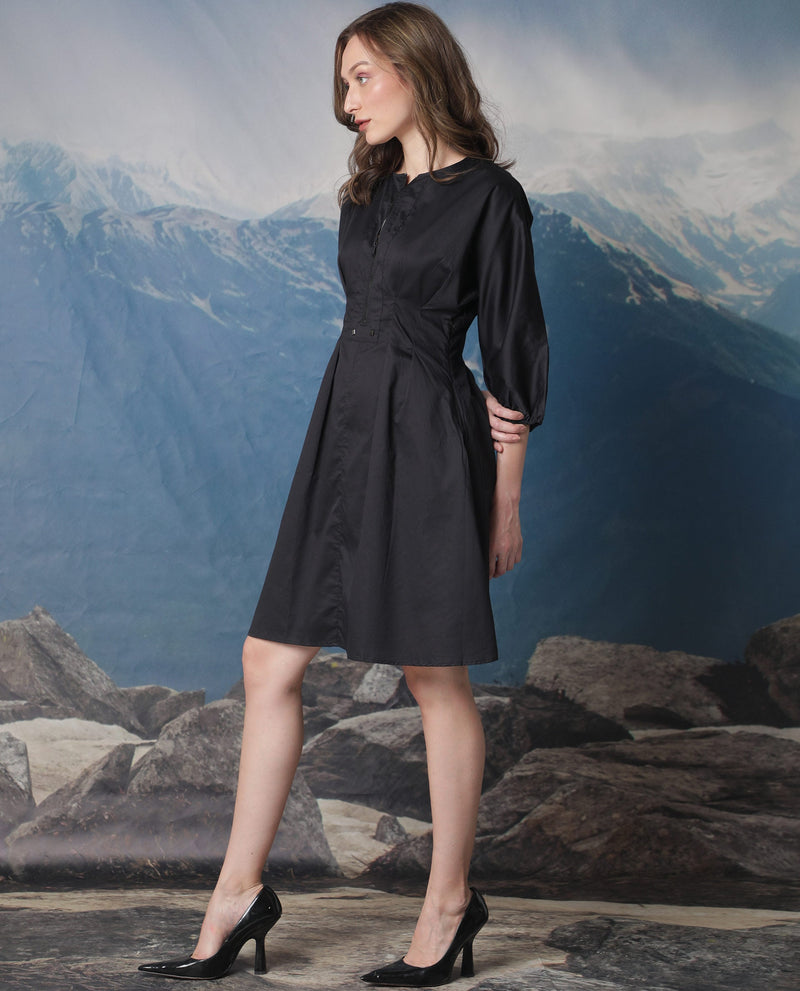 Rareism Women Mayem Black Round Neck 3/4 Sleeves Front Zip Closure Knee Length Dress