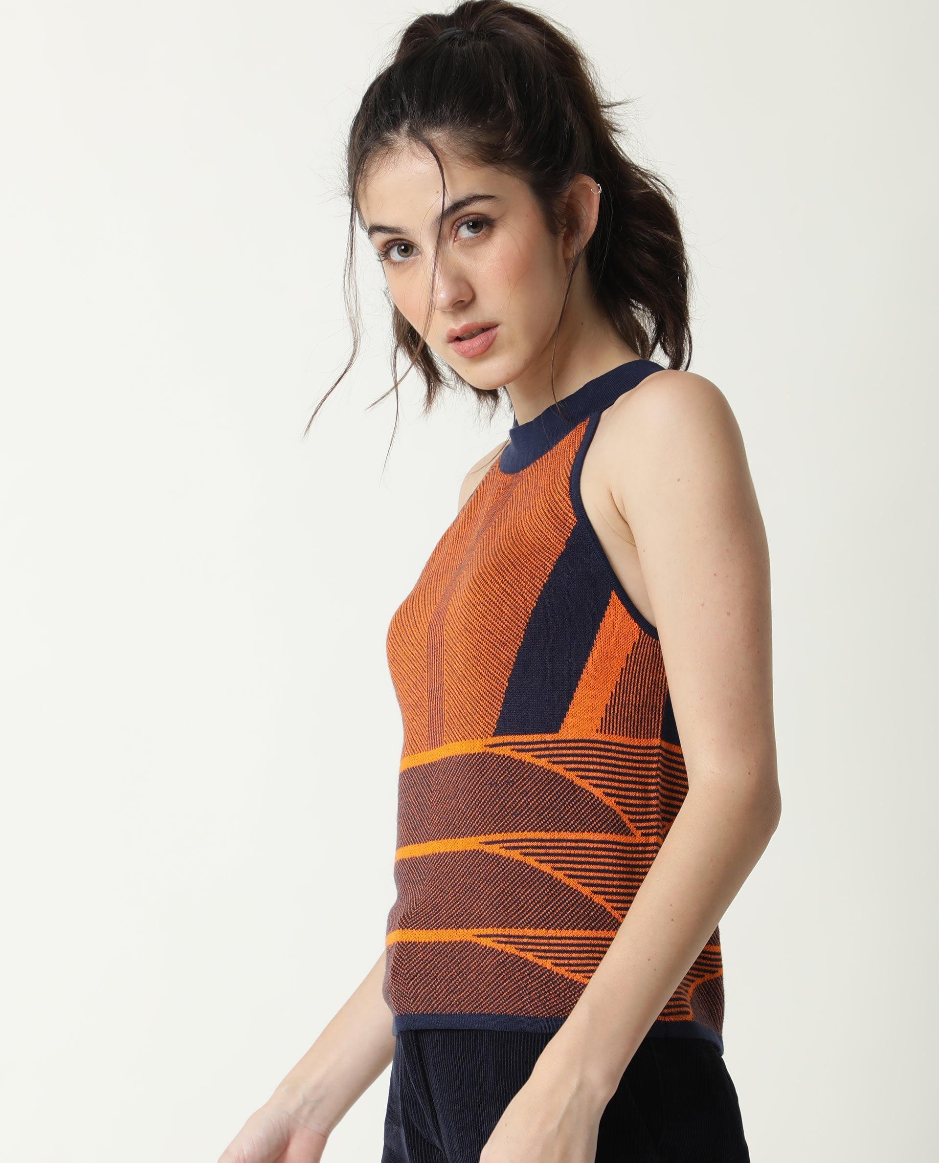 Rareism Women Lila Orange Cotton Fabric Sleeveless Regular Fit Abstract Print Halter Neck Sweater
