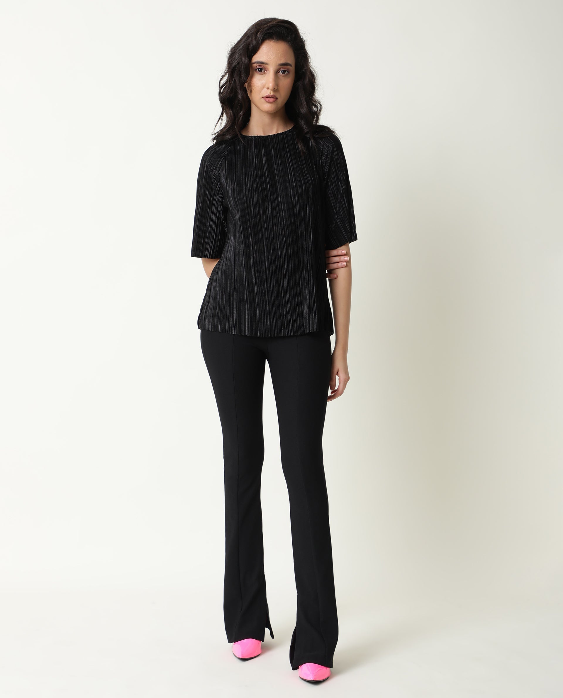Rareism Women Shory Black Top Polyester Fabric Full Sleeves Solid