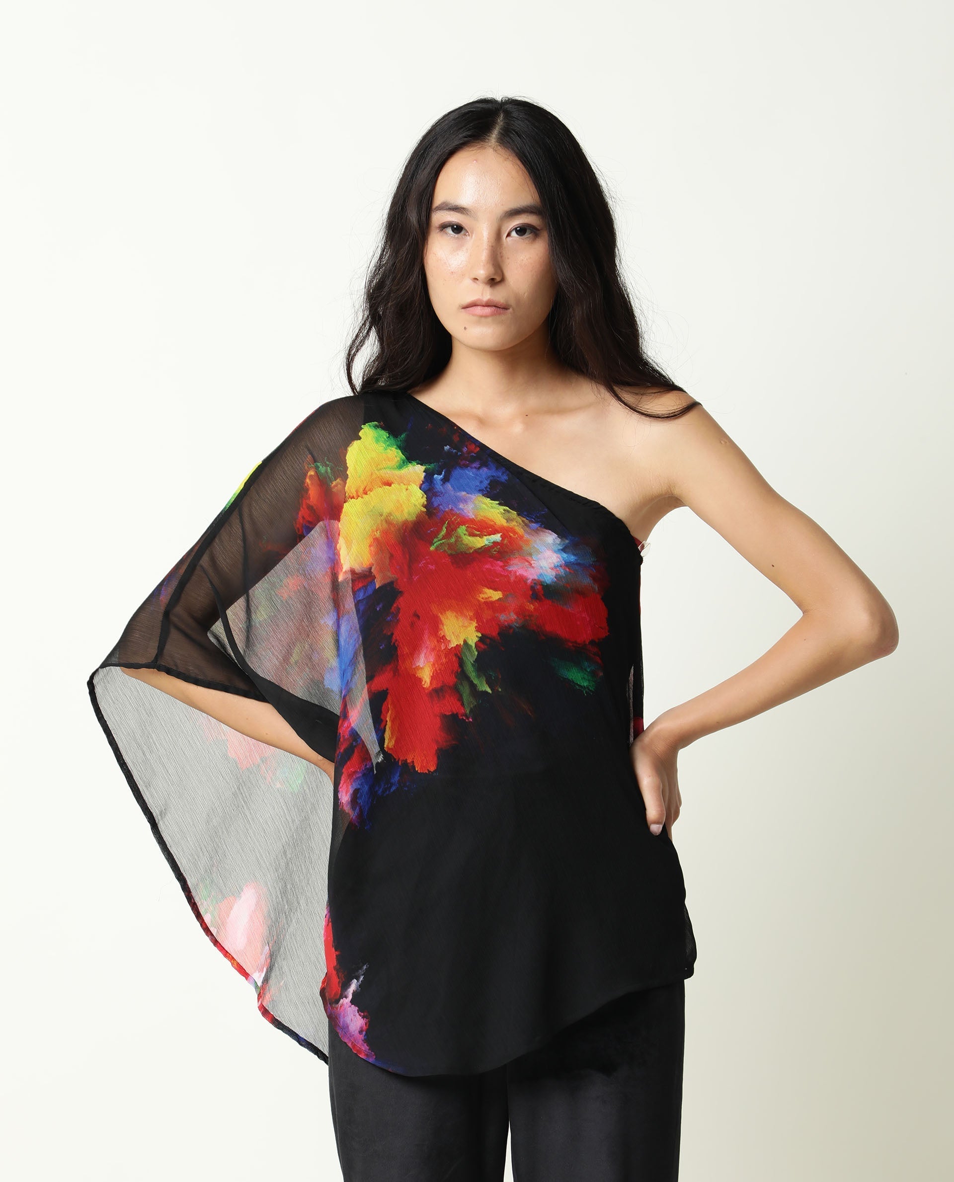 Rareism Womens Propose Black Top Viscose Fabric Regular Fit One Shoulder One Shoulder Neck