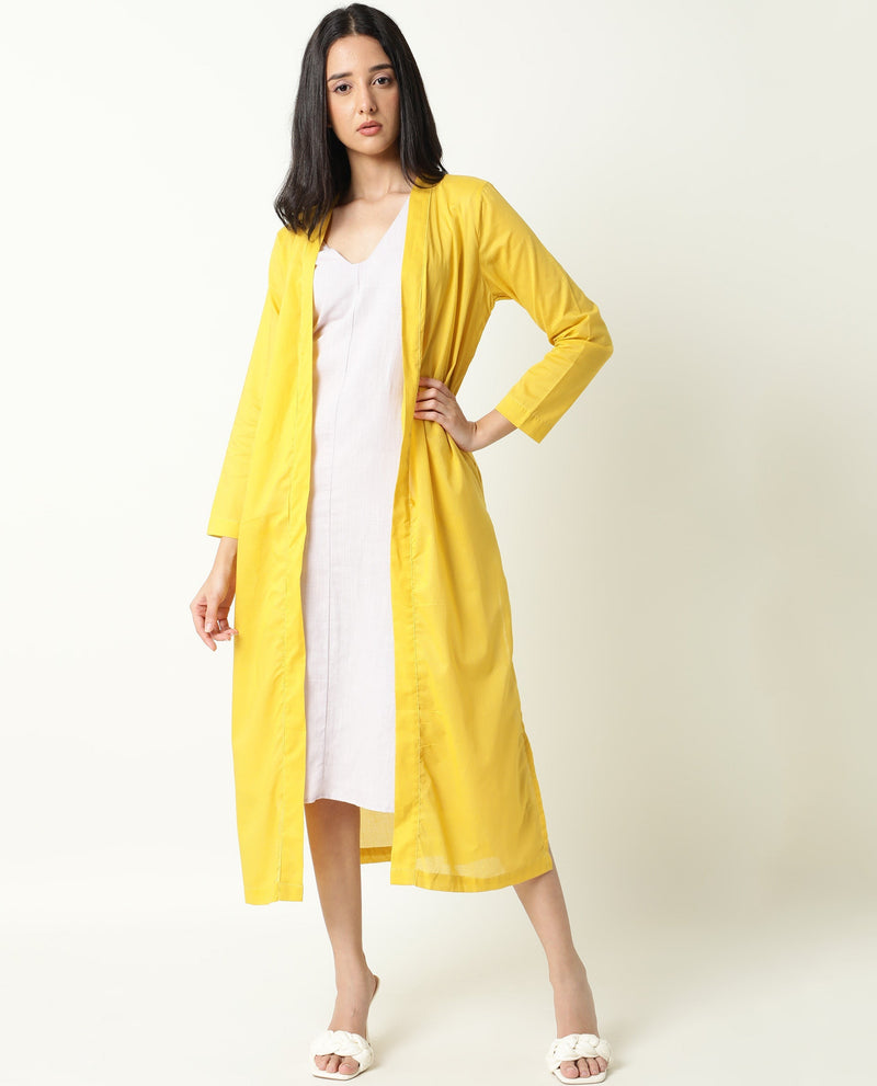 Rareism Women Java Yellow Cotton Fabric 3/4Th Sleeves Solid Collarless Knee Length Shrug