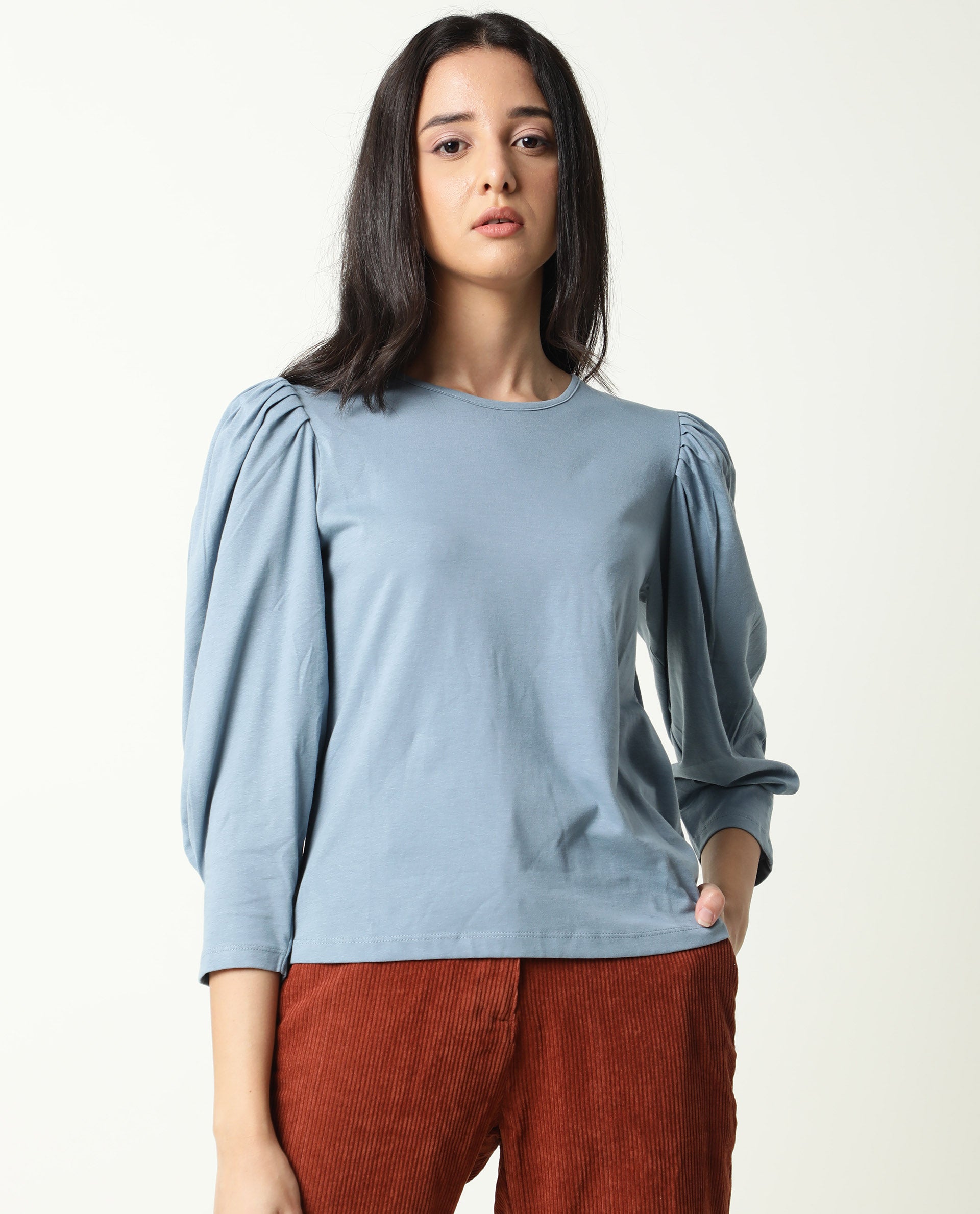 Rareism Women Ballerina Blue Cotton Fabric Regular Fit Knee Length Boat Neck 3/4Th Sleeves Solid Top