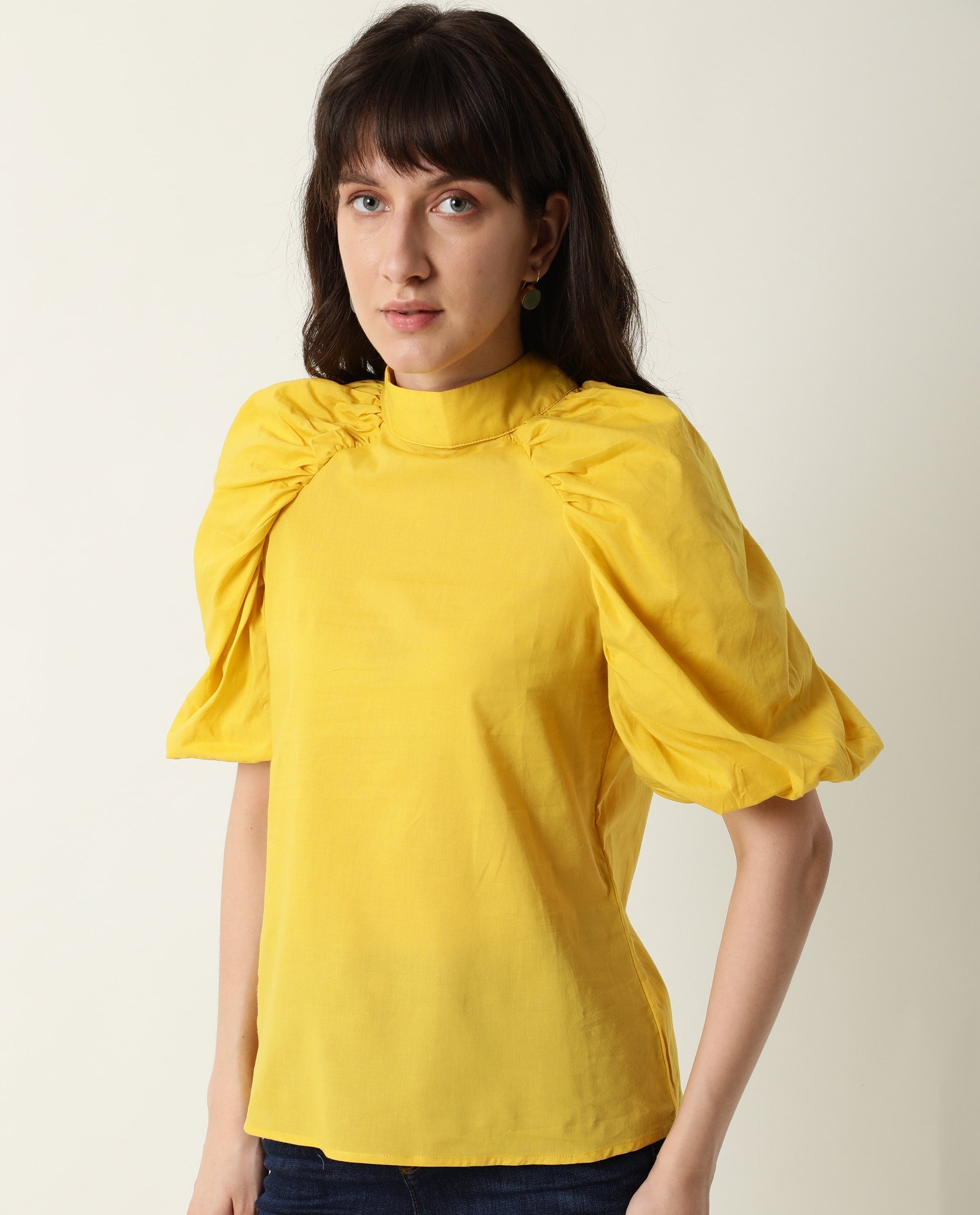Rareism Womens Bobby Yellow Top Cotton Fabric Half Sleeve High Neck
