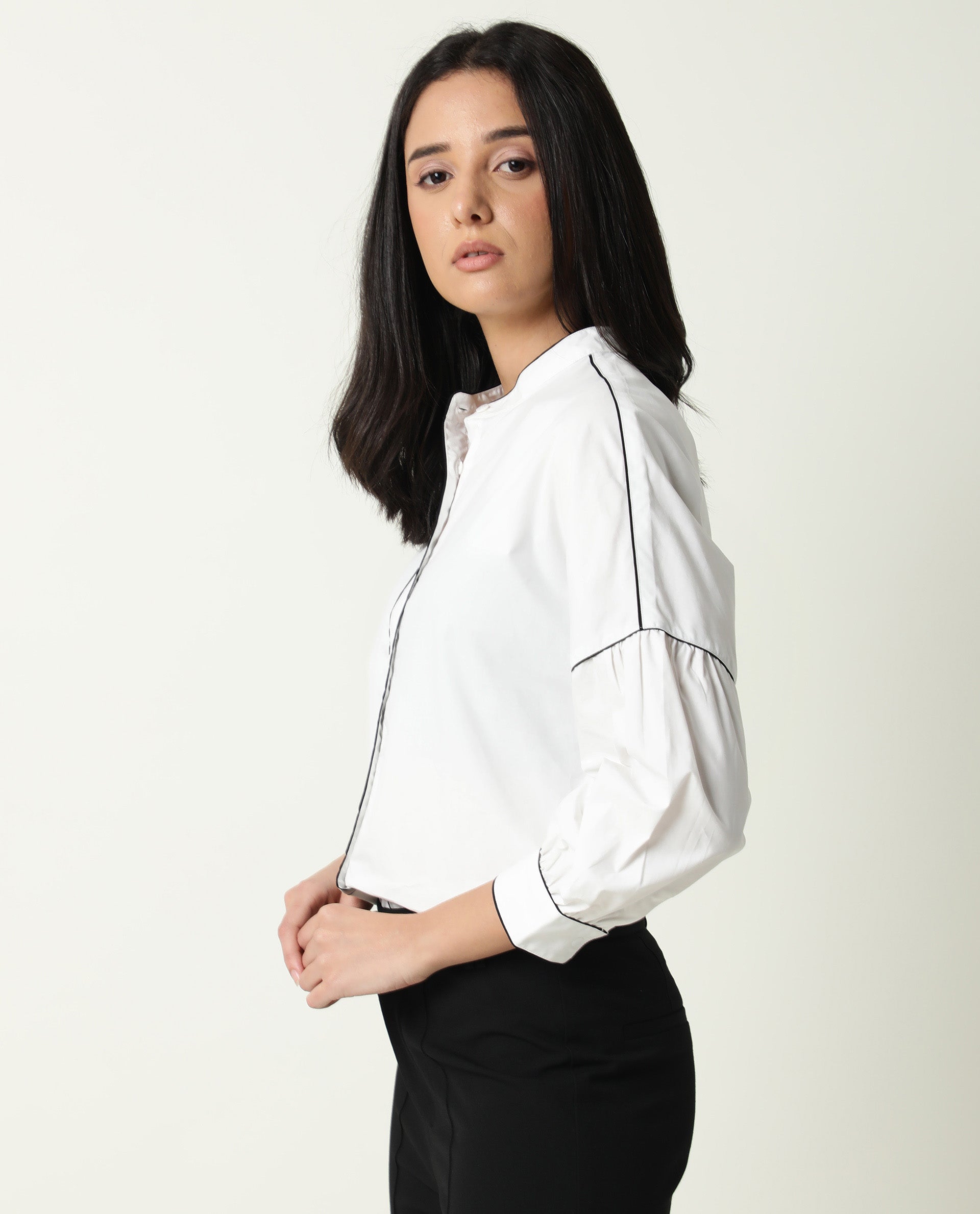 Rareism Womens Baki White Top Cotton Fabric Regular Fit Cuffed Sleeve Collared Neck