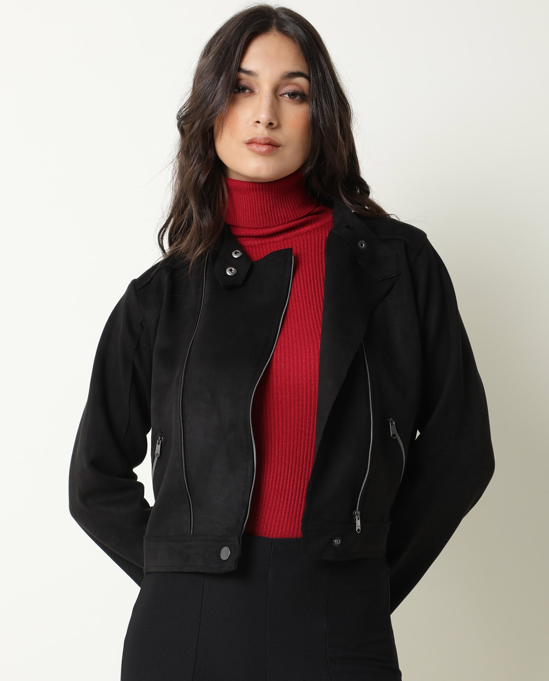 Rareism Women Everlee Black Polyester Fabric Full Sleeves Solid Mandarin Collar Jacket