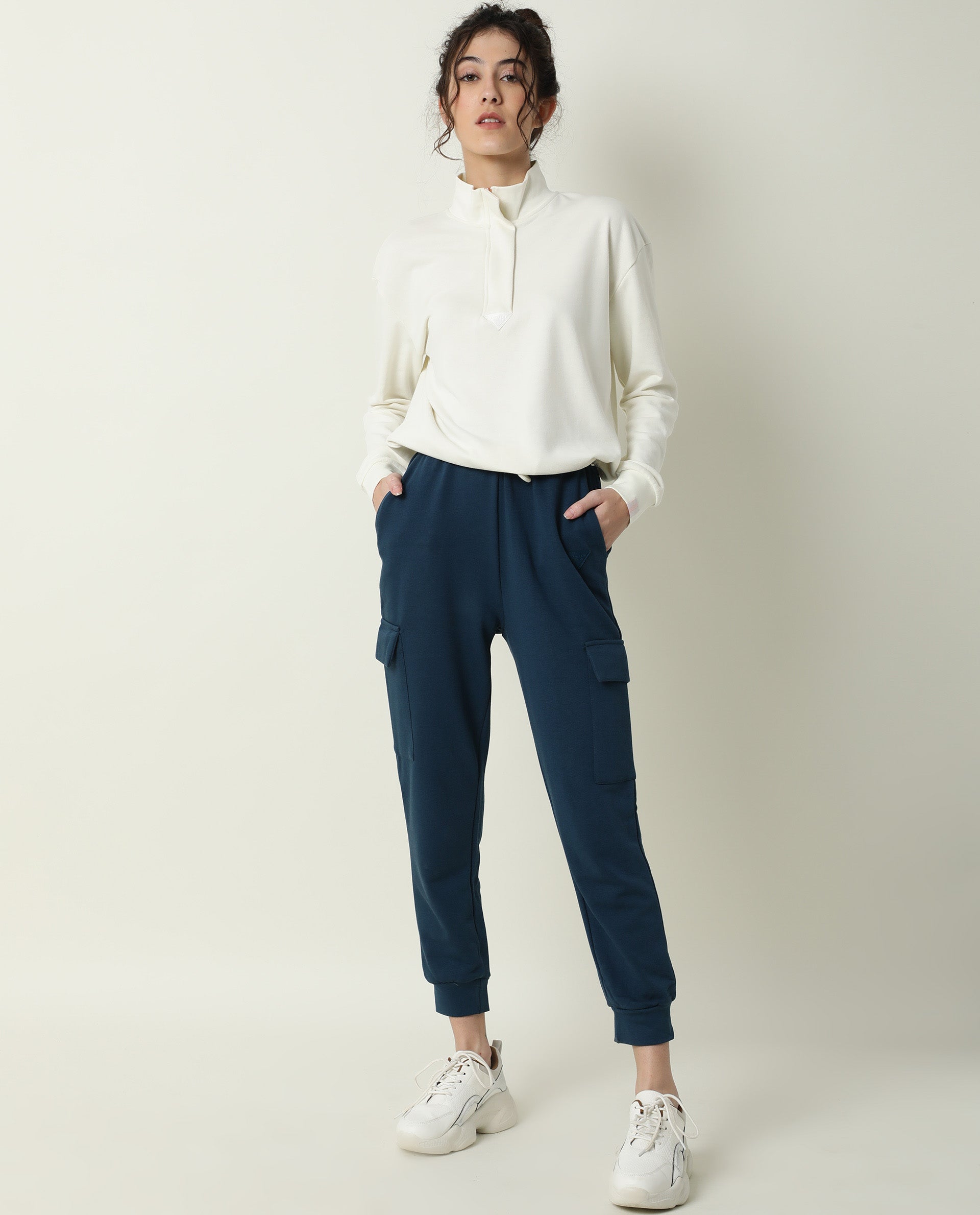 Rareism Women Nush-1 Petrol Poly Cotton Fabric Regular Fit Solid Mid Rise Ankle Length Track Pant