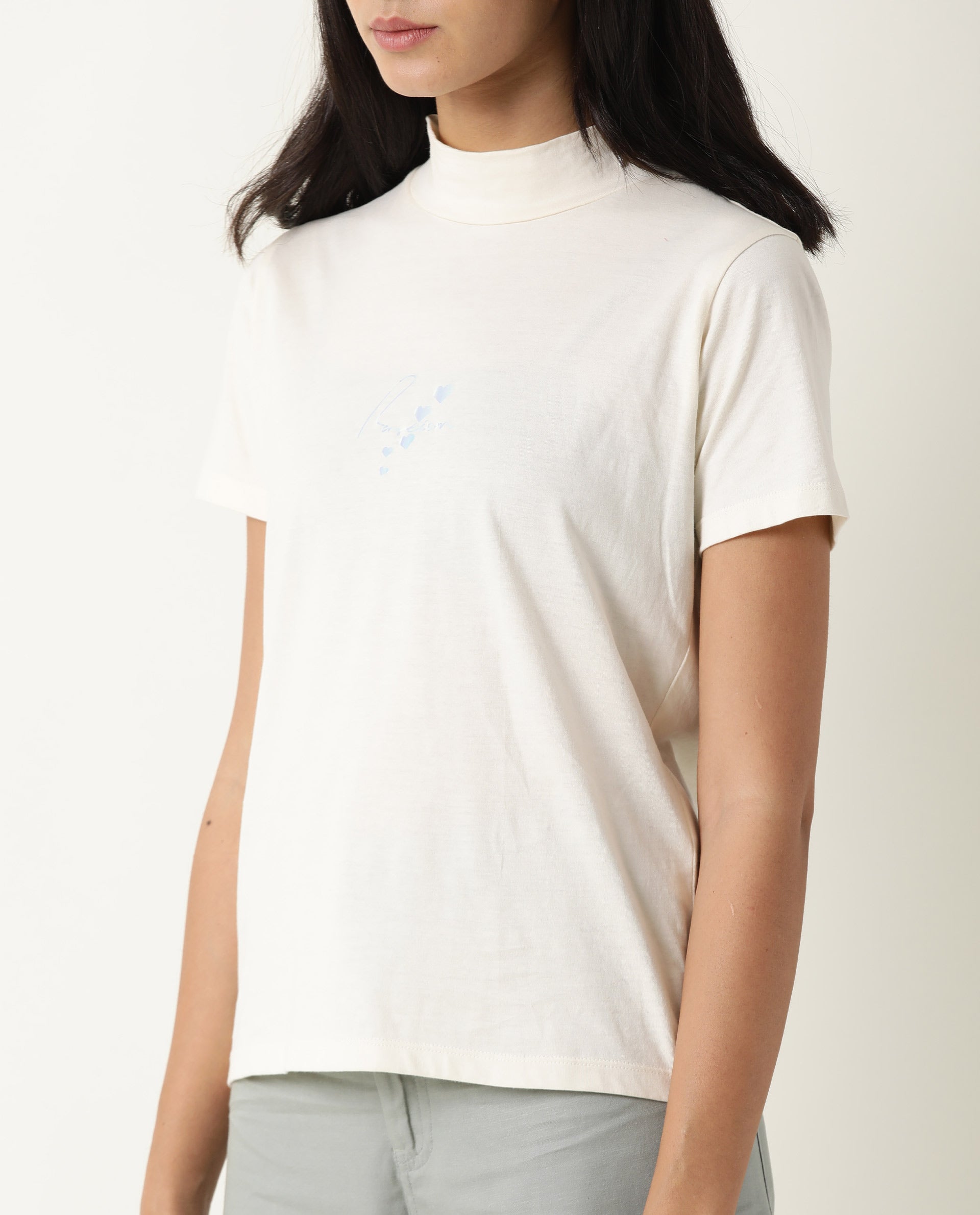 Rareism Women Hamock Off White Cotton Fabric Regular Fit Half Sleeves Solid Crew Neck T-Shirt