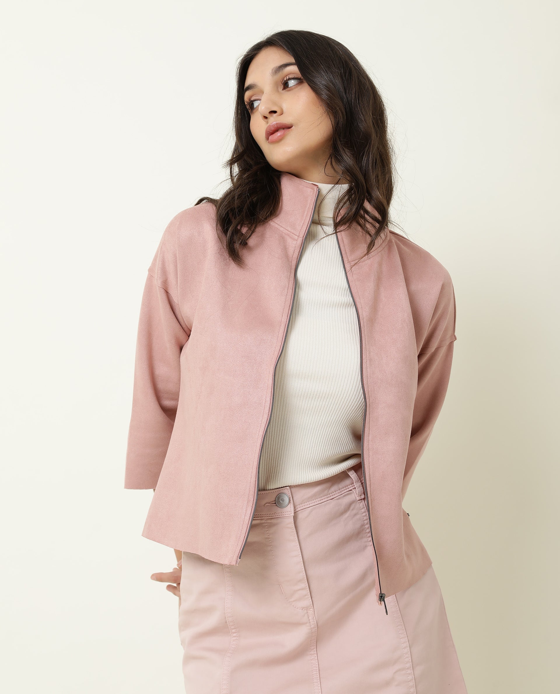 Rareism Women Vasu Dark Pink Polyester Fabric 3/4Th Sleeves Solid High Neck Jacket