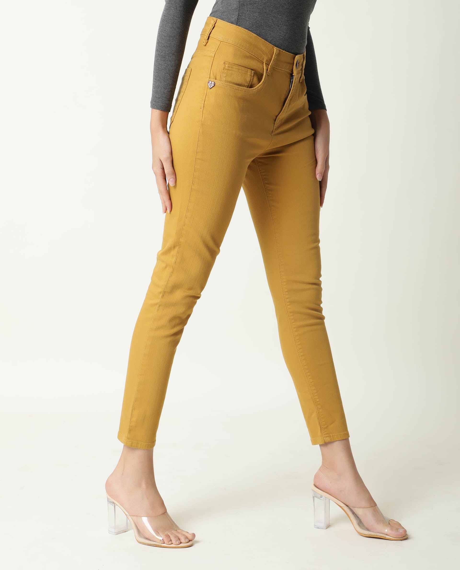 Rareism Women Metty Mustard Cotton Lycra Fabric Mid Rise Solid Slim Fit Ankle Length Jeans