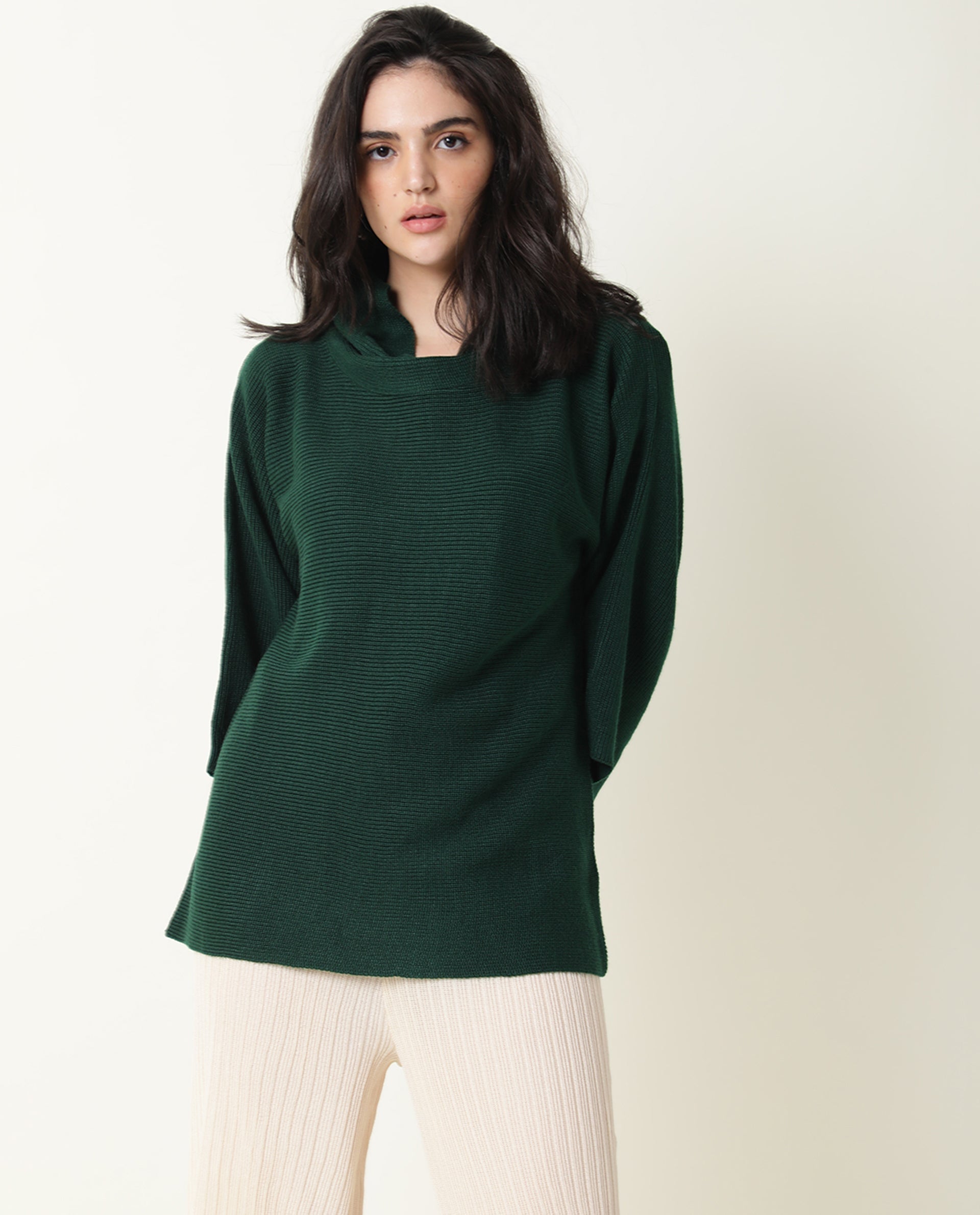 Rareism Women Sasho Green Acrylic Fabric 3/4Th Sleeves Relaxed Fit Solid Cowl Neck Sweater
