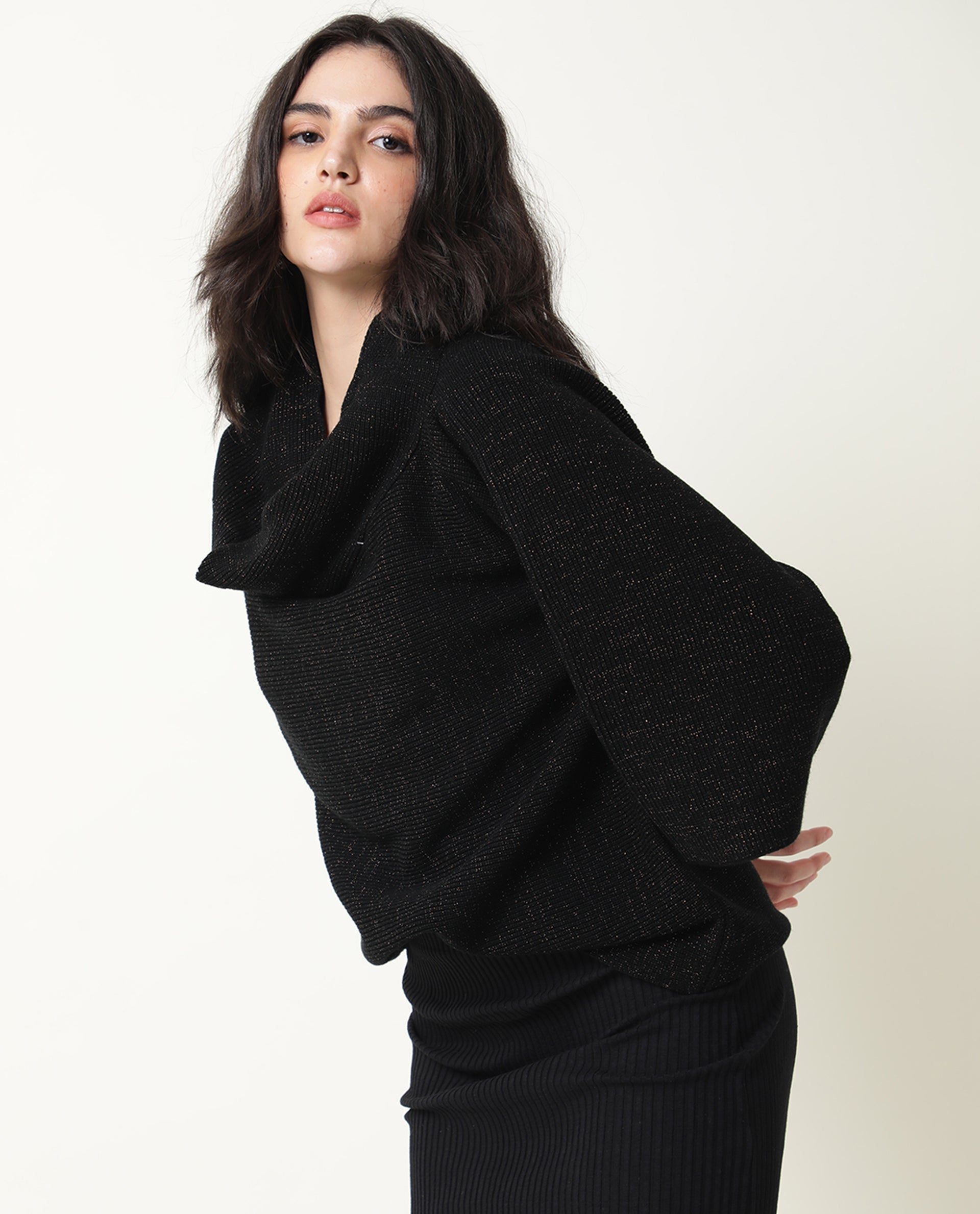 Rareism Women Innov Black Polyester Fabric 3/4Th Sleeves Knee Length Relaxed Fit Solid Cowl Neck Sweater
