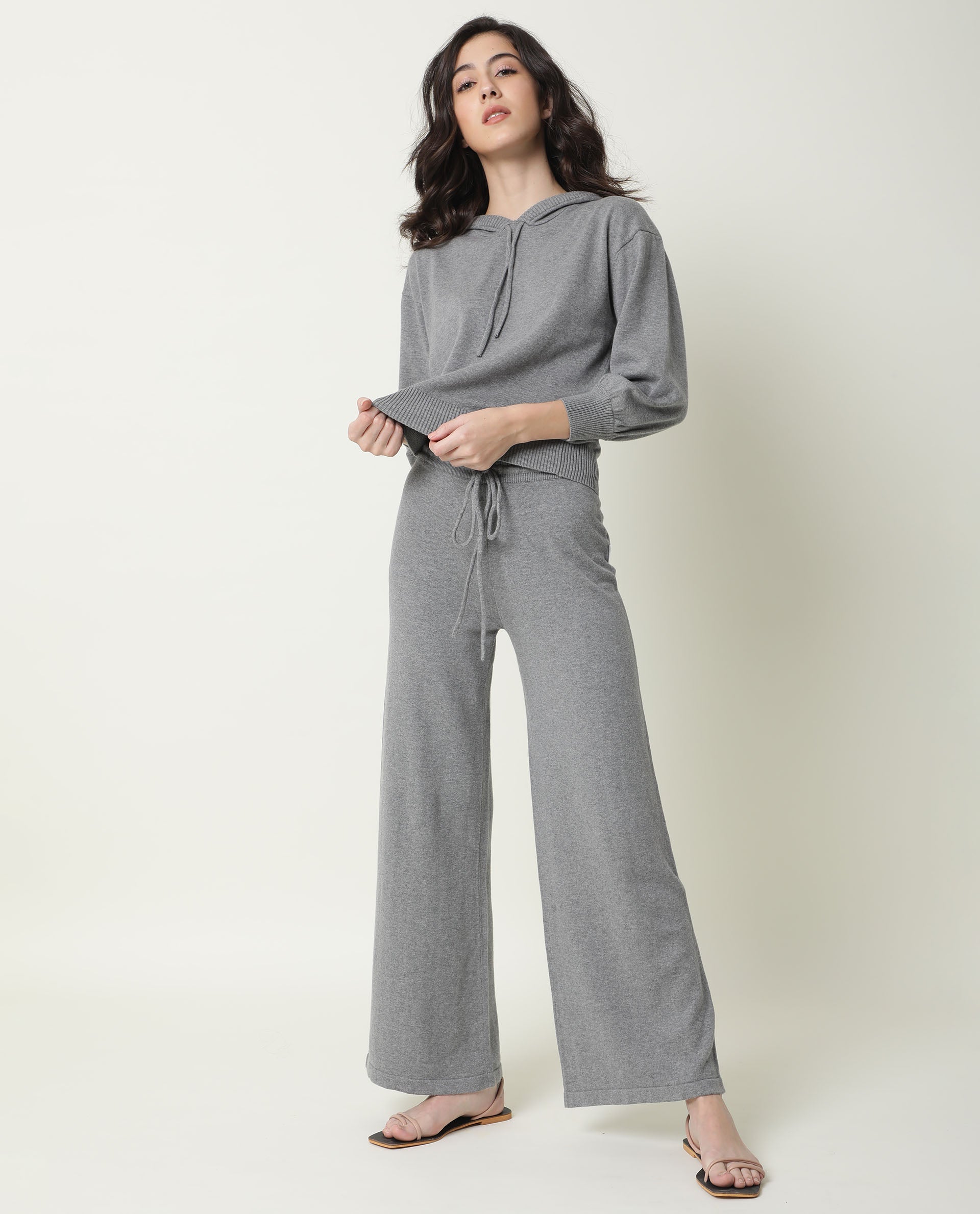 Rareism Women's Finn Track Grey Cotton Plain Ankle Length Flared Track Pant