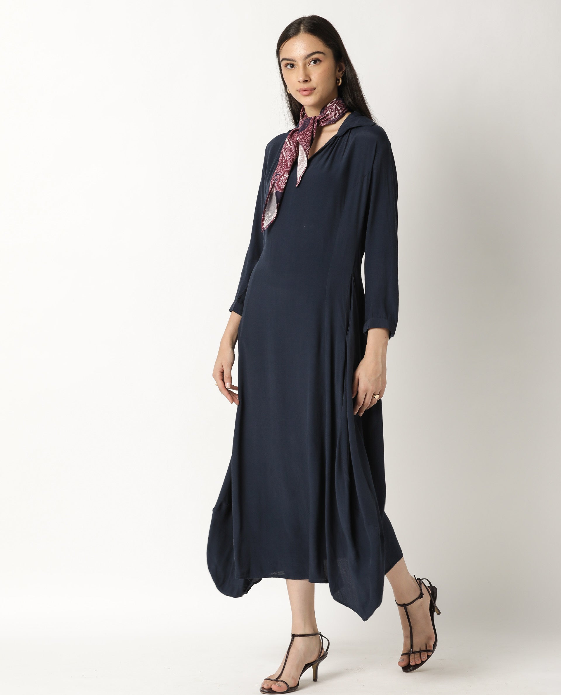 Rareism Women Janice Navy Shirt Collar 3/4 Sleeves Asymmetric Midi Dress