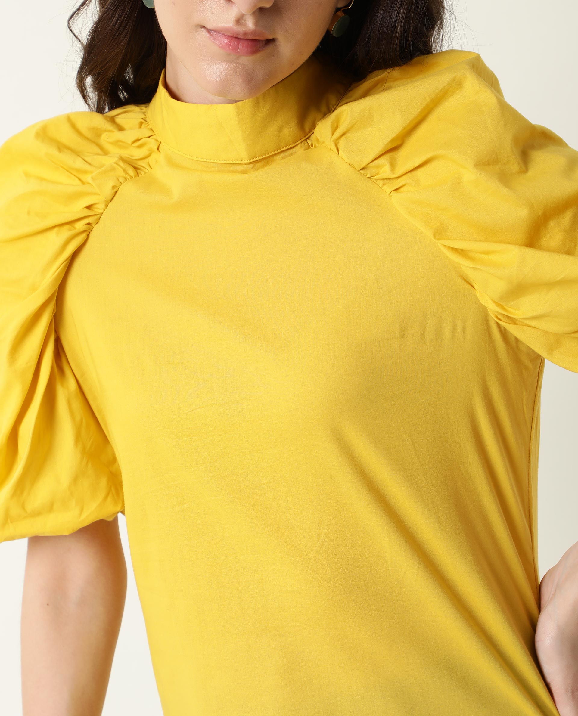 Rareism Womens Bobby Yellow Top Cotton Fabric Half Sleeve High Neck