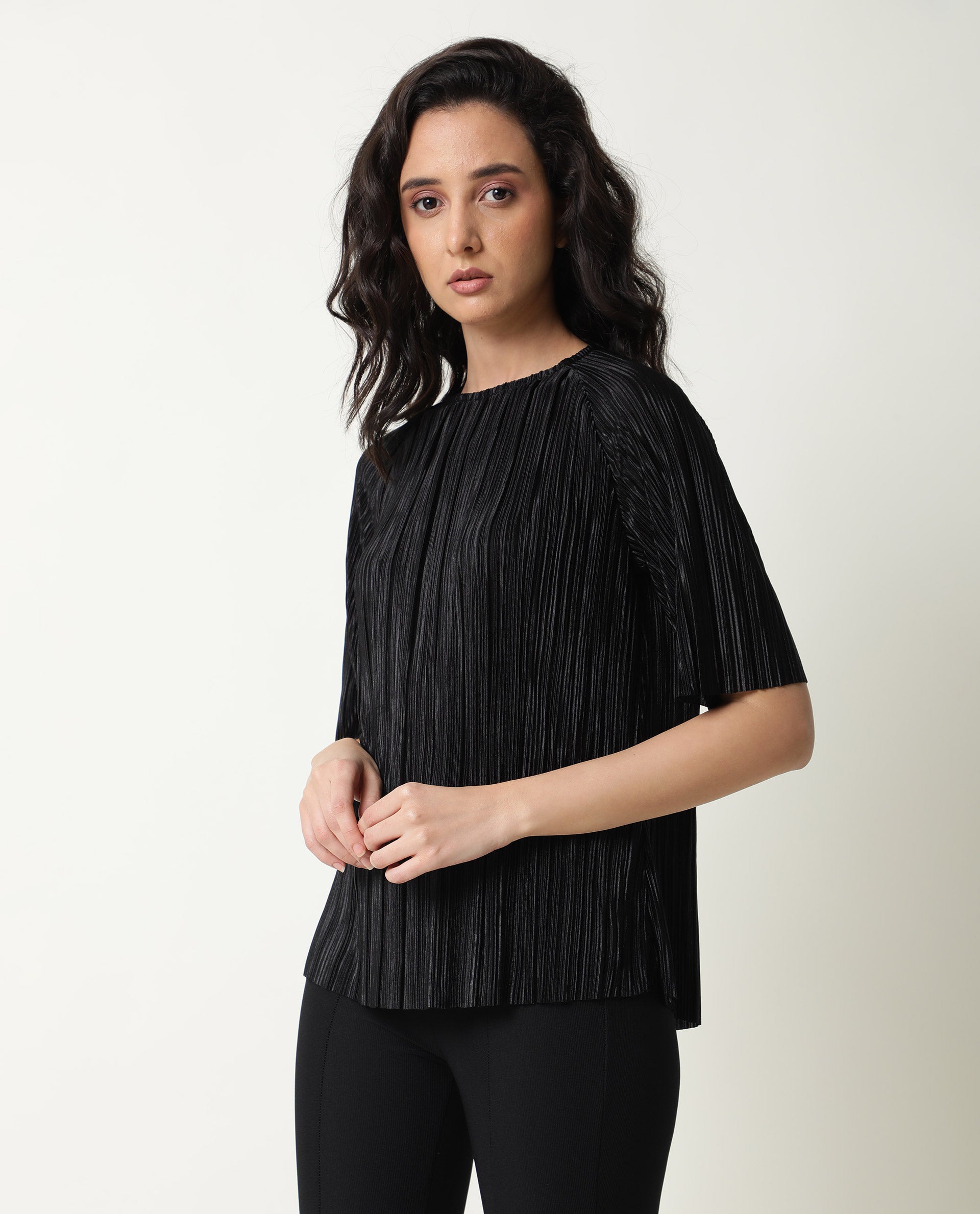 Rareism Women Shory Black Top Polyester Fabric Full Sleeves Solid