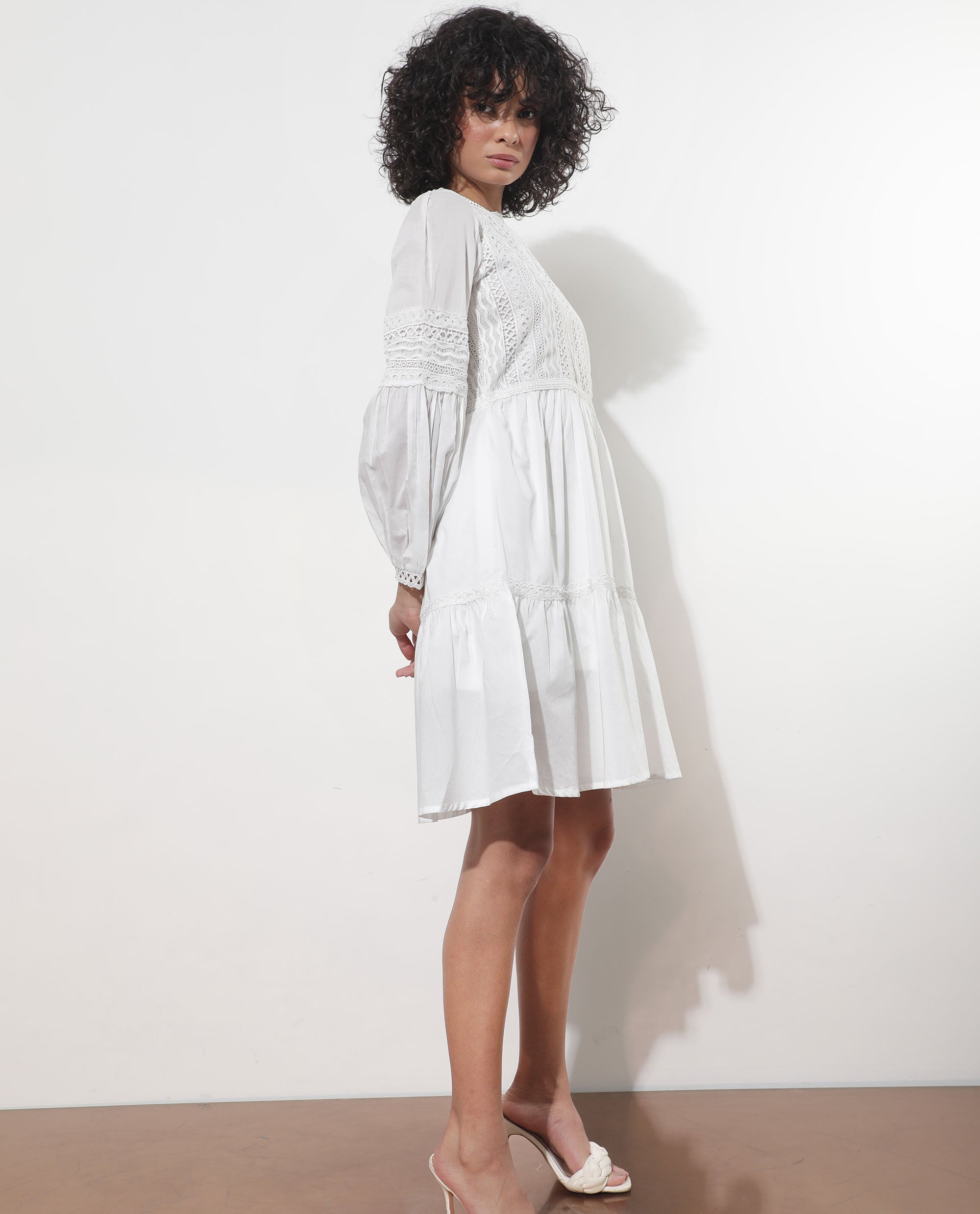 Rareism Women's Darmini White Cotton Crew Neck Plain Puff Sleeves Knee Length Relaxed Fit Dress