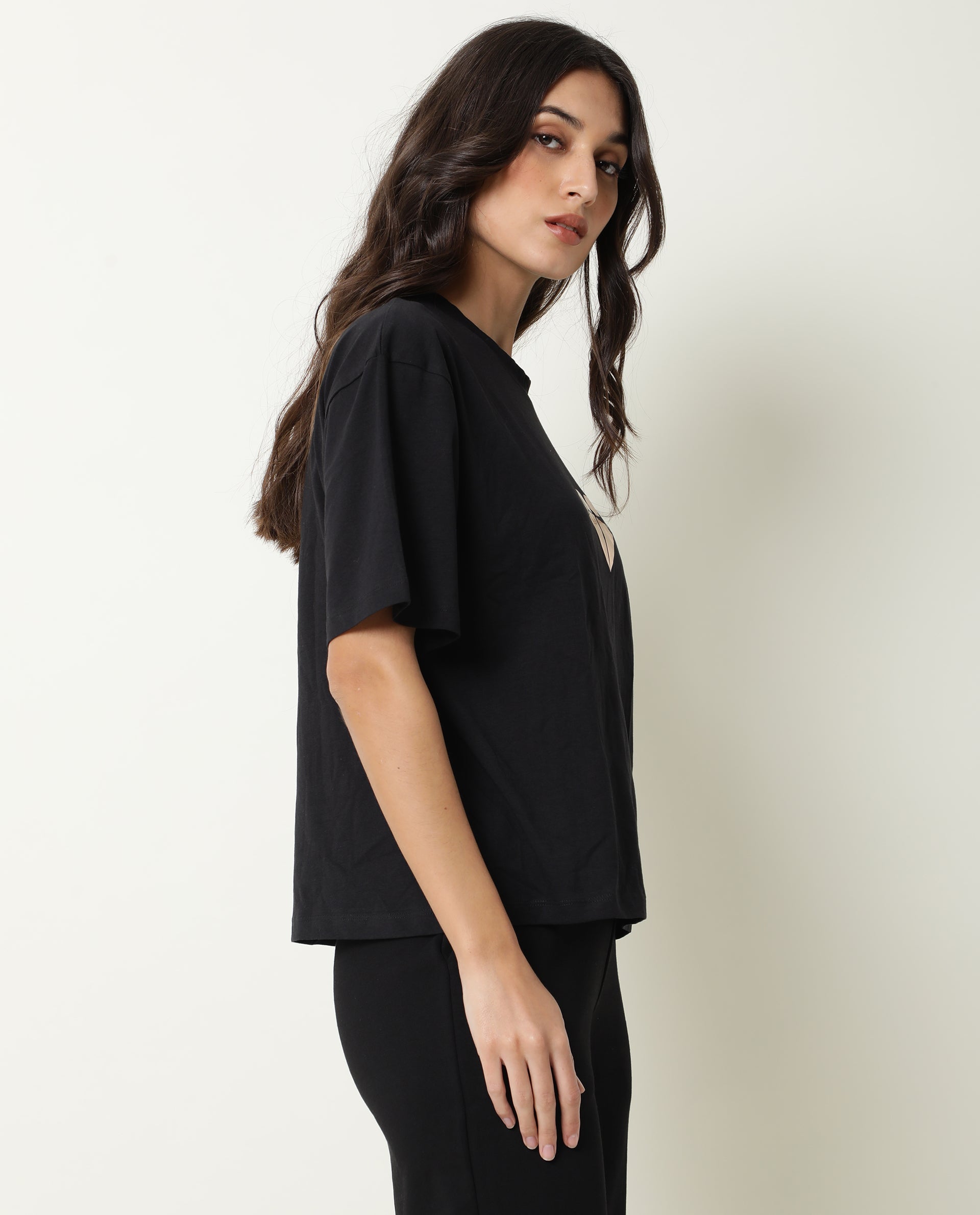 Rareism Womens Nat Black T-Shirt Cotton Fabric Regular Fit Half Sleeve Round Neck