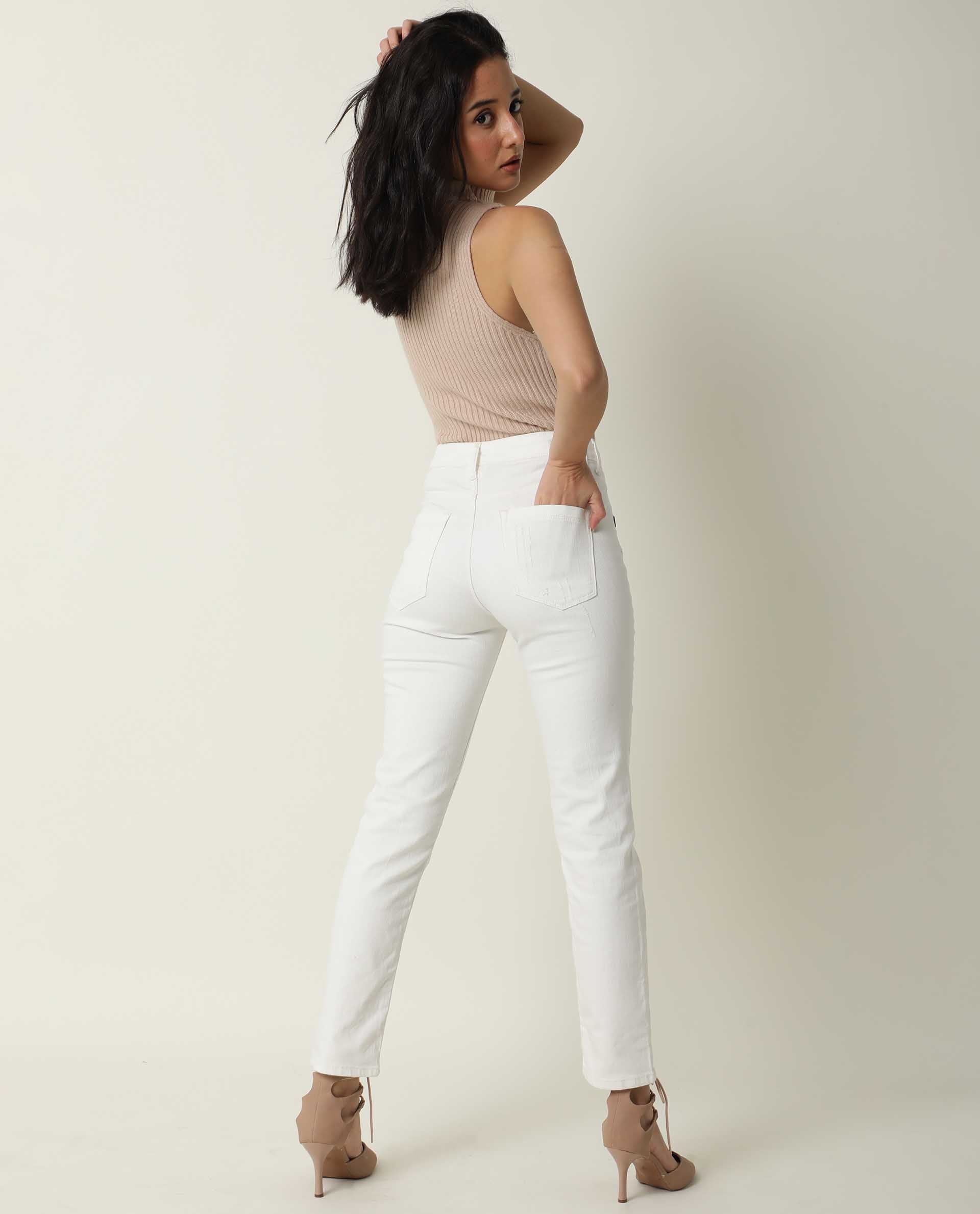 Rareism Women Gara White Cotton Fabric Mid Rise Solid Tailored Fit Ankle Length Jeans
