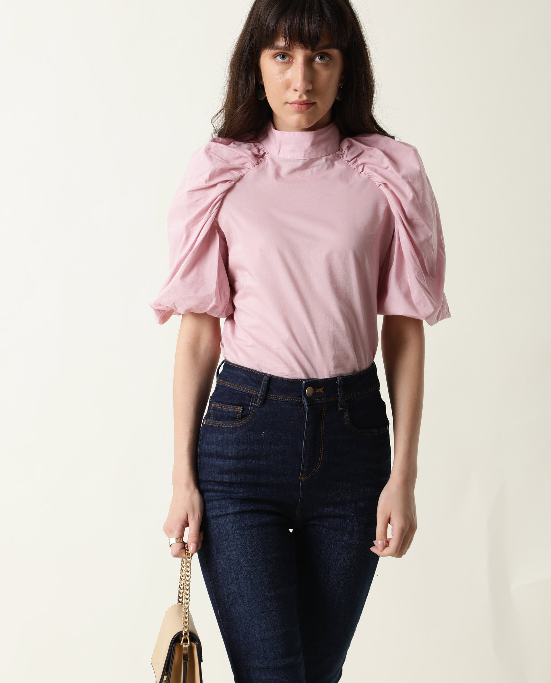 Rareism Womens Bobby Pink Top Cotton Fabric  Half Sleeve High Neck