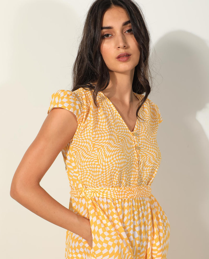 Rareism Women Whitney Yellow Cotton Fabric Short Sleeves Button Closure V-Neck Cap Sleeve Regular Fit Geometric Print Knee Length Tiered Dress