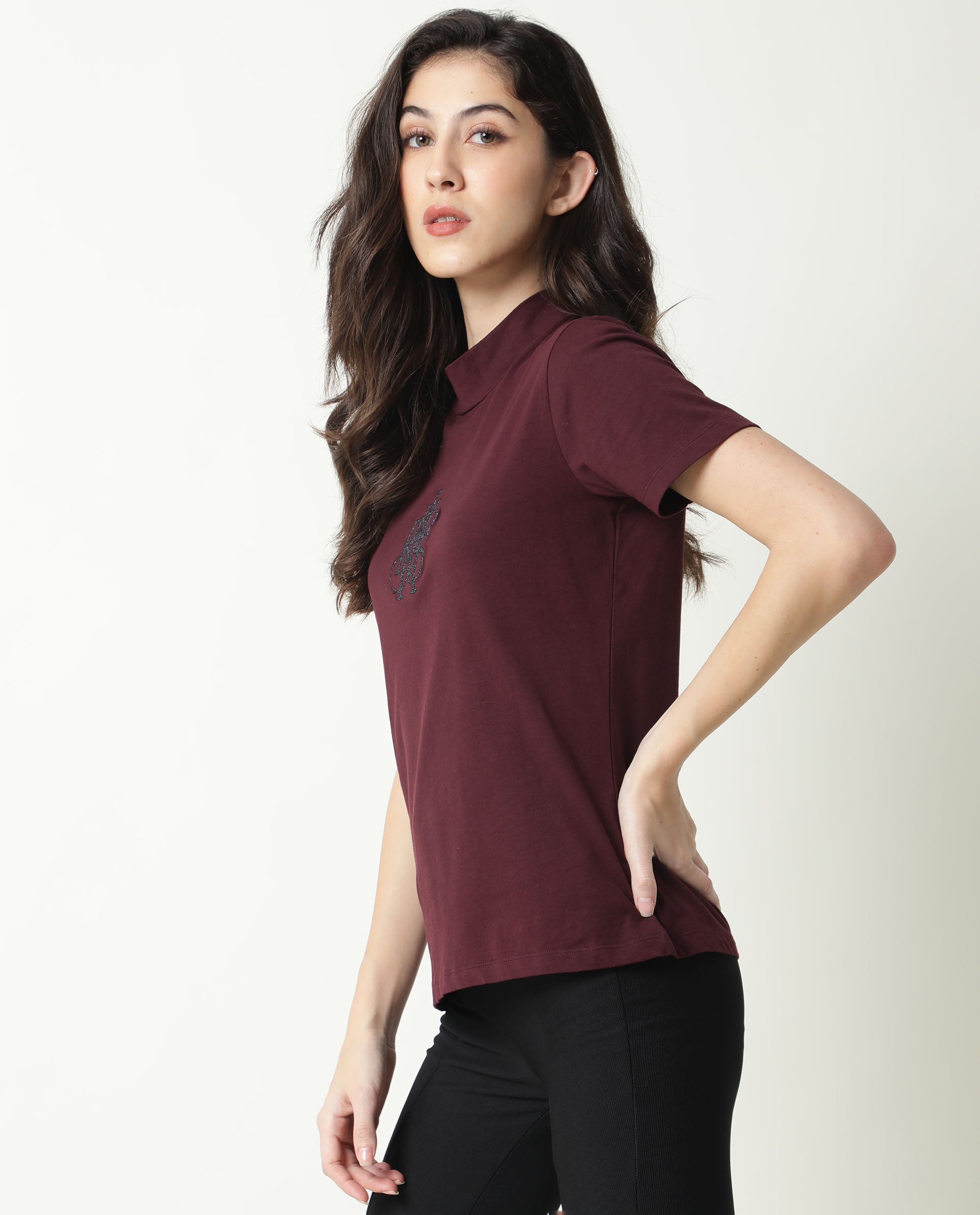 Rareism Women Zolten Maroon Cotton Fabric Regular Fit Half Sleeves Solid Crew Neck T-Shirt
