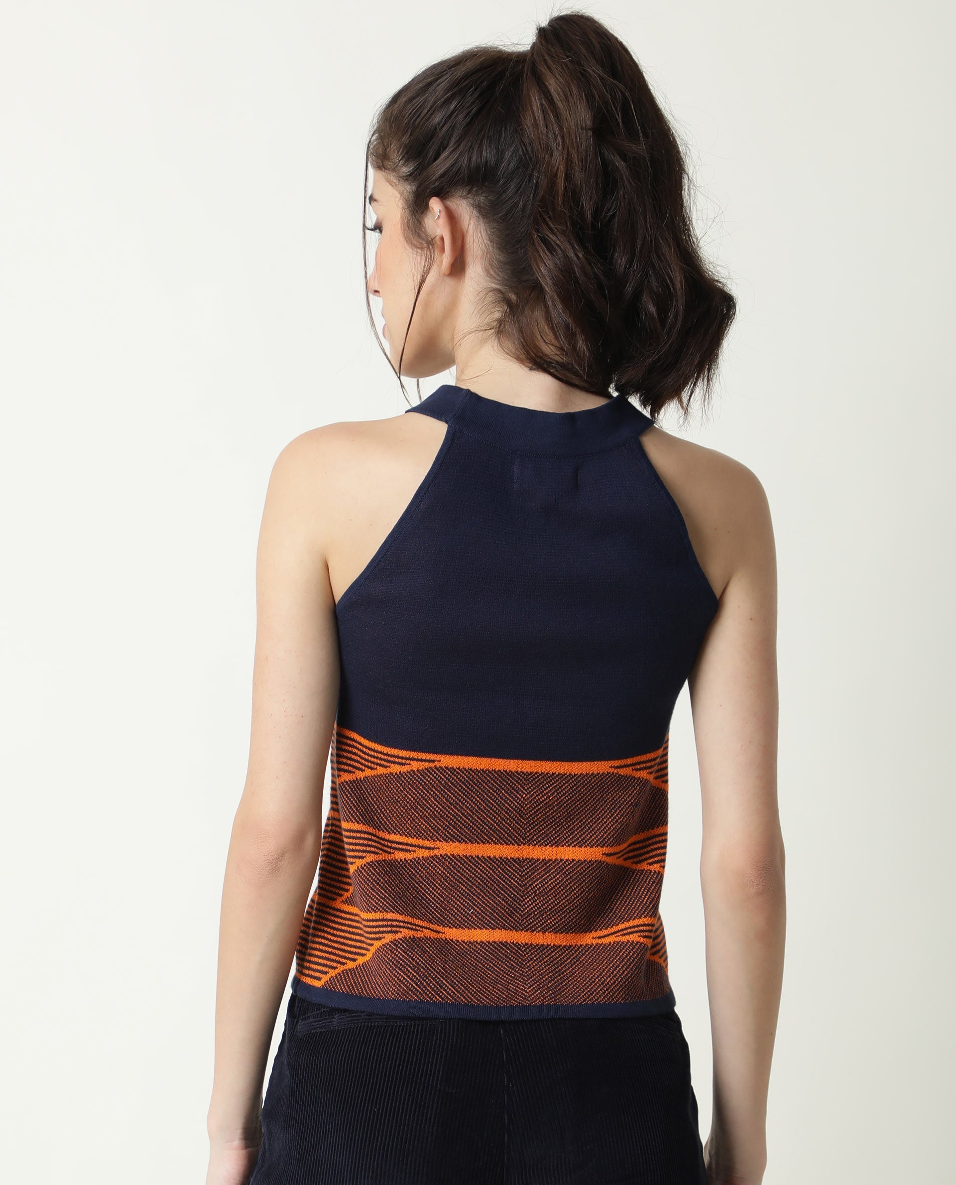 Rareism Women Lila Orange Cotton Fabric Sleeveless Regular Fit Abstract Print Halter Neck Sweater